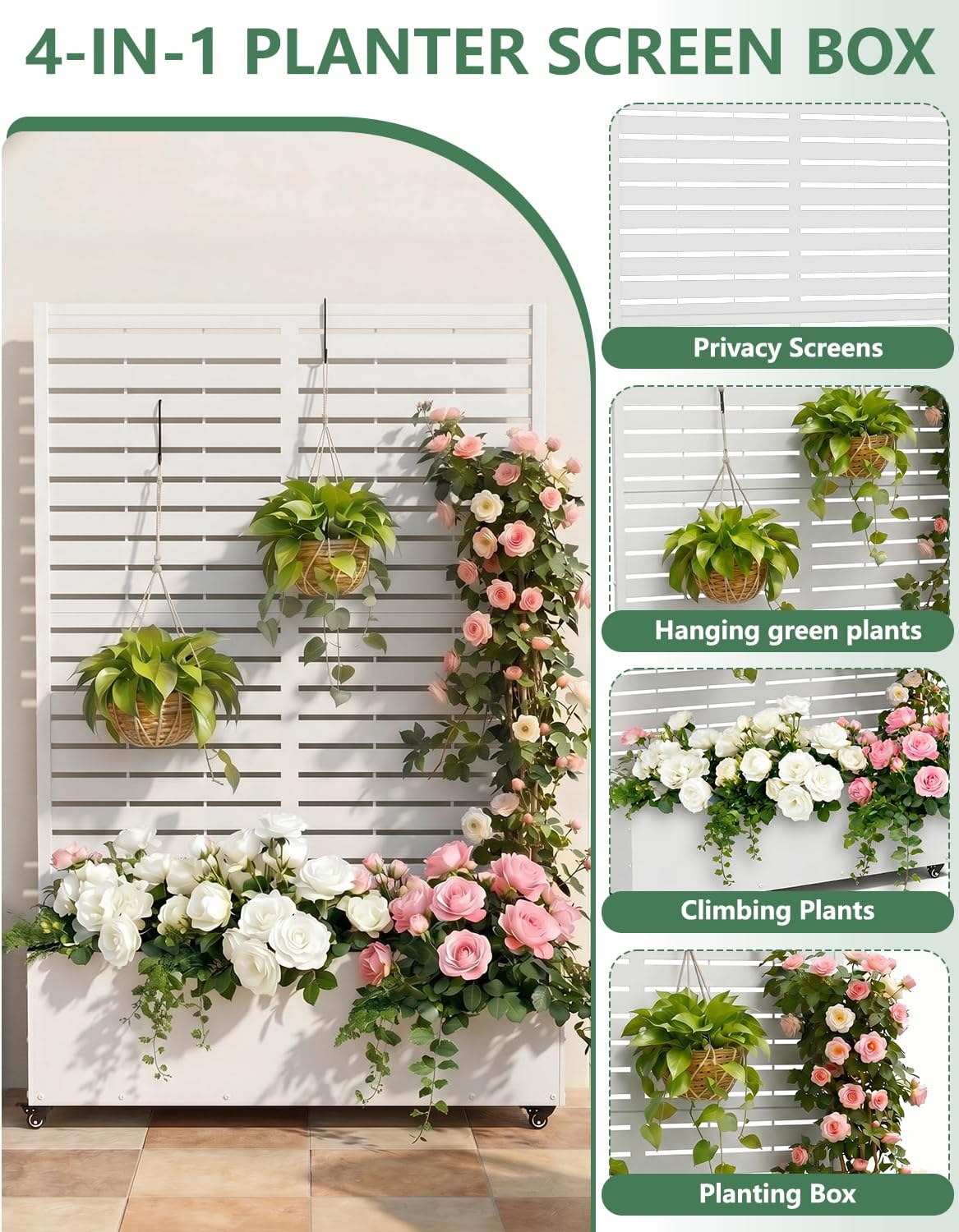 Metal Planter Box with Trellis,70.9"x47.2"x15.7" Raised Garden Bed with Drainage Holes, Privacy Planters for Outdoor Garden Bed for Climbing Plants,Vegetables,and Vines, White-louvered