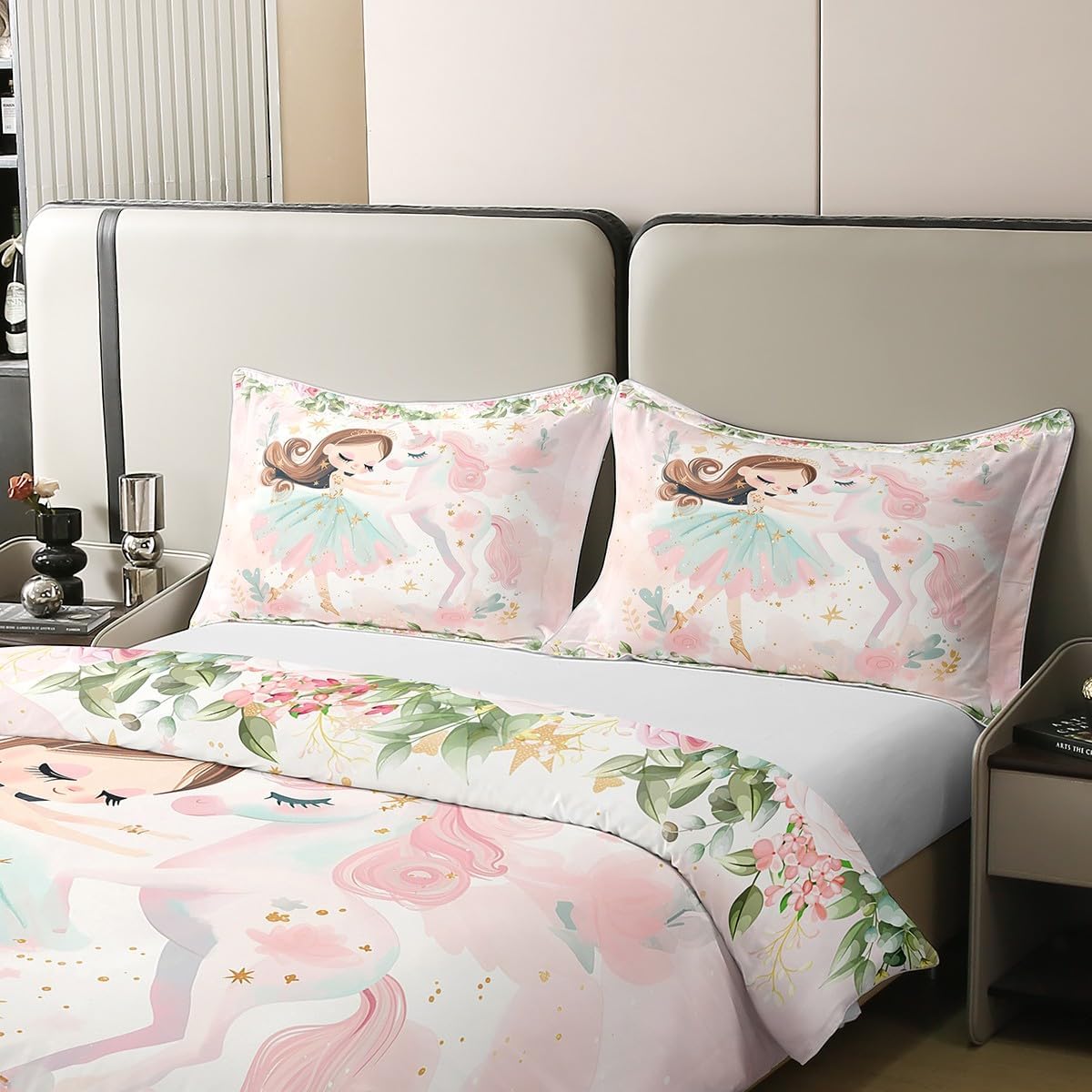 Princess Unicorn Comforter Cover Queen Ballet Girl 100% Organic Cotton Duvet Cover Dreamy Unicorn Horse Bedding Sets Rose Floral Botanical Bedspread Cover with 2 Pillowcases Soft(Not Comforter)