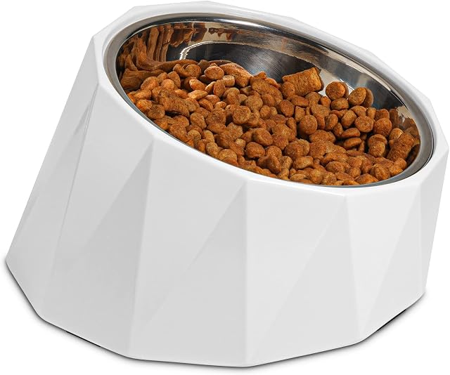ComSaf 15°Slanted Stainless Steel Dog Bowl, 880ml Tilted Angle Raised Food Water bowl for Dog and Cat, Food Grade,Non-Skid & Non-Spill Feeding Bowl with Detachable Melamine Stand, White