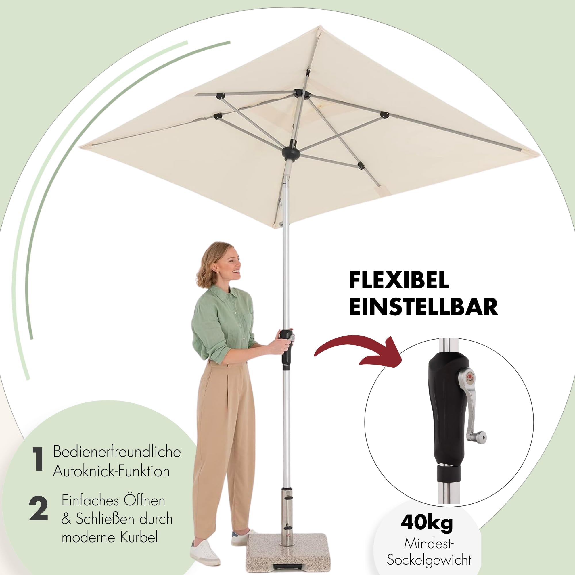 Doppler Sonnenschirm Alu Crank 190x290cm, Off-White, Kurbel, UV-Schutz 80+ | Rechteckiger Gartenschirm, Polyester, Aluminium-Gestell, Auto Tilt – automatisches Neigen per Kurbel