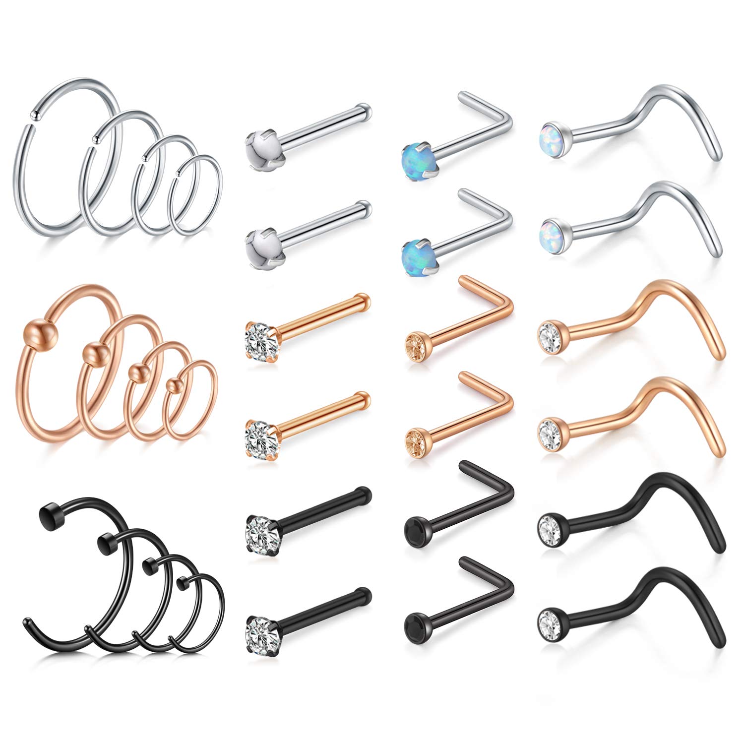 Mayhoop18-32Piezas Piercing Nariz Aros Nariz 20G Acero Quirurgico Anillos de Nariz Plata Oro Rosa Mujer Hombre Joyeria Piercing
