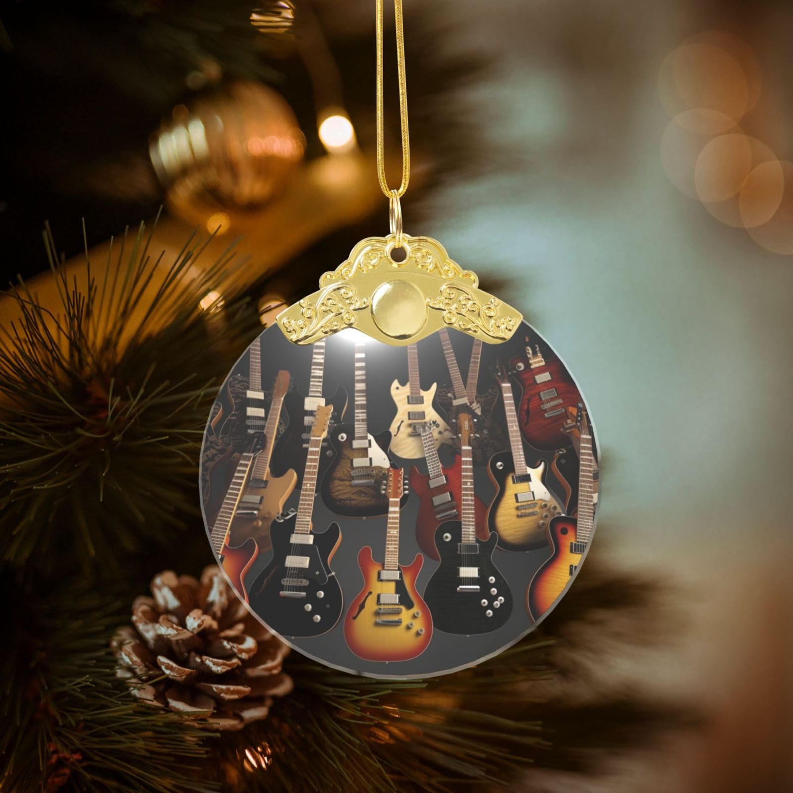 Crystal Christmas Ornaments for Christmas Tree Decoration Hanging Guitars Ornament with Gold Ribbon Crafts Round Pendant for Keepsake Gifts Glass Xmas Decor Party Supplies