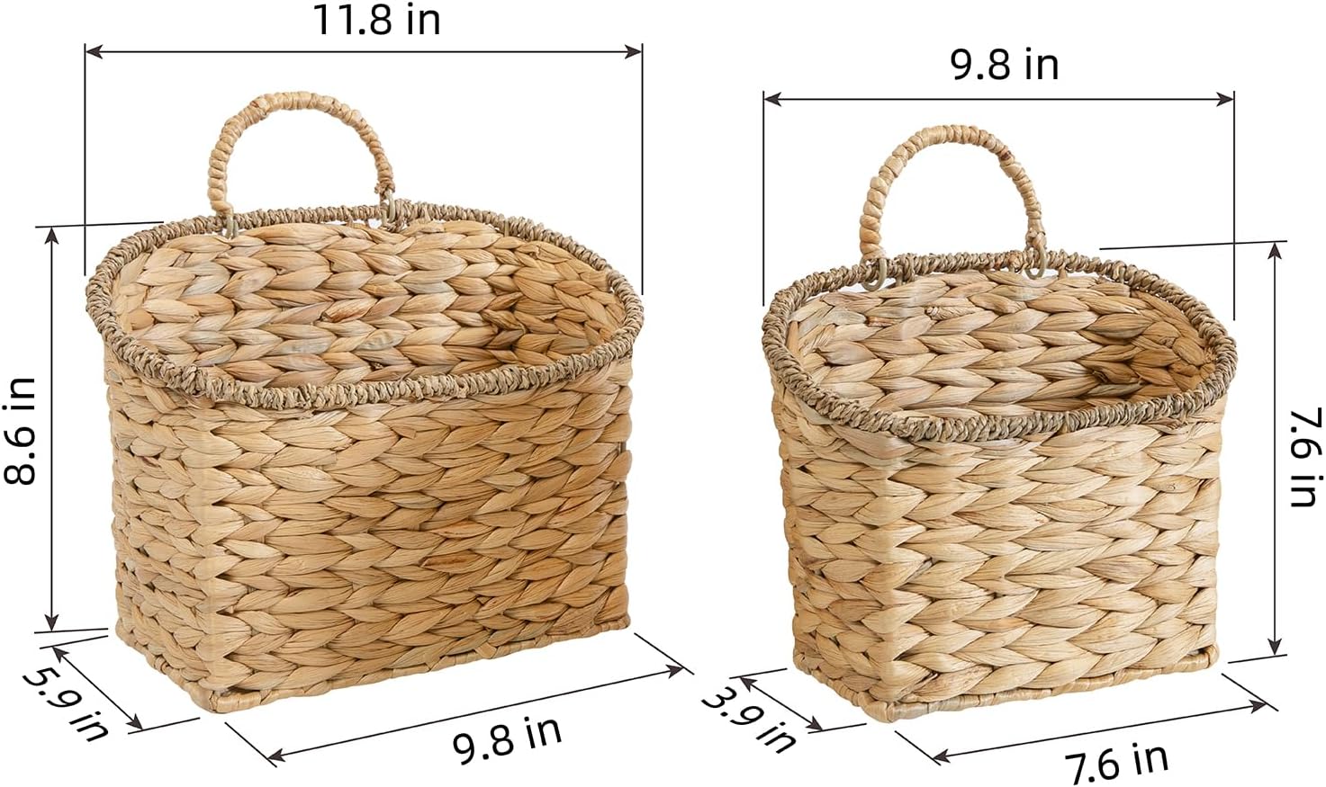 Set of 2 Woven Hanging Basket, Water Hyacinth Handmade Wicke Hanging Wall Baskets for Organizing, Front Door, Mail, Flowers-for Garden Farmhouse Home