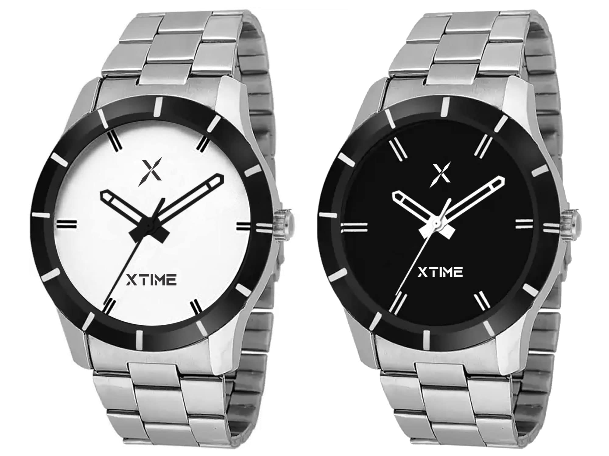 XTIME Analogue Watch Round Black & White Dial with Black Ring & Silver Stainless Steel Chain for Mens & Boys Combo Pack of 2 (B0B6VPVXT6) Amazon Price History, Amazon Price Tracker