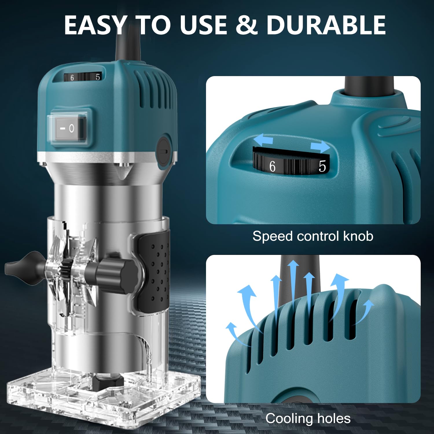 Herramienta de enrutador de palma, 800 W, 30000 rpm, enrutador manual eléctrico para carpintería con base de recortadora y 15 brocas de enrutador de 6,35 mm, enrutador de madera de 220 V (azul, 6