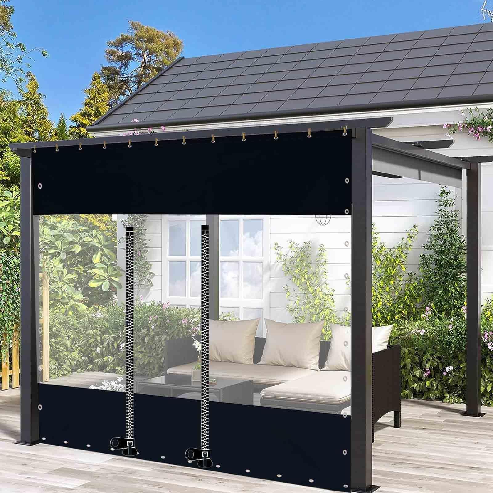 DZHTUF Waterproof Outdoor Curtains with Clear Vinyl Panels,PVC Tarpaulin with Zipper,Patio Outdoor Vinyl Curtains,0.3mm Thick,Customizable Clear Tarp Curtain,L×H-2.5×2m(98 * 79in)