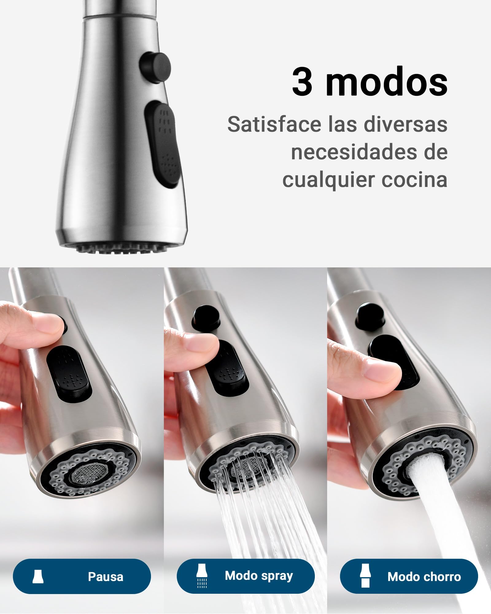 Ibergrif Grifo Cocina Extraíble, Grifo Cocina Fregadero 360° Giratorio, 3 Modos de Agua, Acero Inoxidable 304, Ahorro Energético 30%, Instalación Sin Herramientas en 5 Minutos, M22137