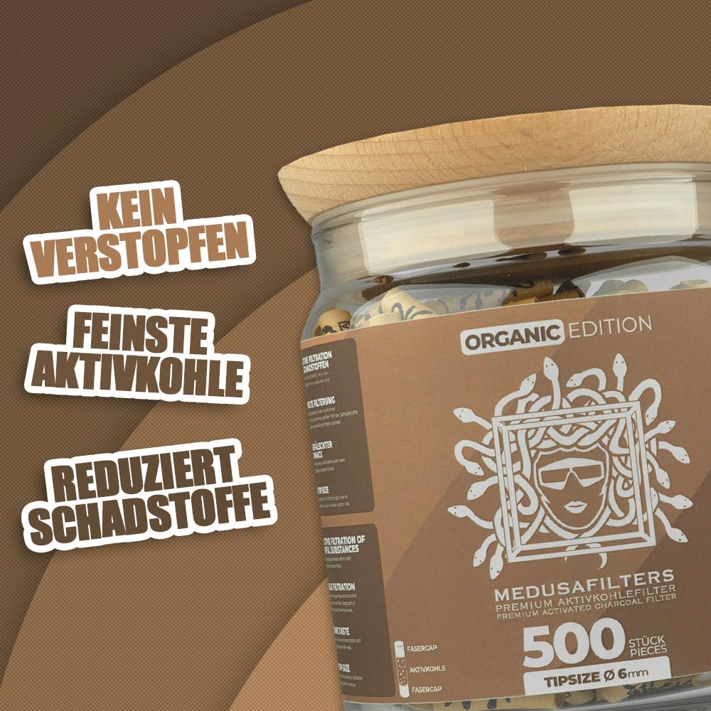 Medusafilters 500 Stück Aktivkohlefilter 6mm Slim im wiederverwendbaren Glas – Kokos-Aktivkohle mit neuen schmaleren Cellulose-Kappen, 25 mm, Made in Germany (Organic Edition)