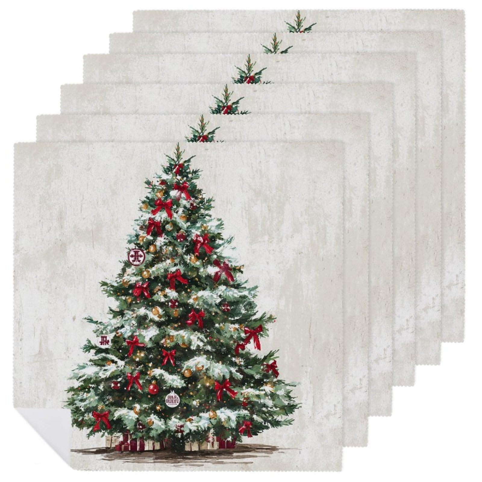 Jubonexis White Vintage Christmas Tree Cloth Napkins Set Of 6, Square Premium Reusable Washable Polyester Table Linen Napkin For Dinner Party
