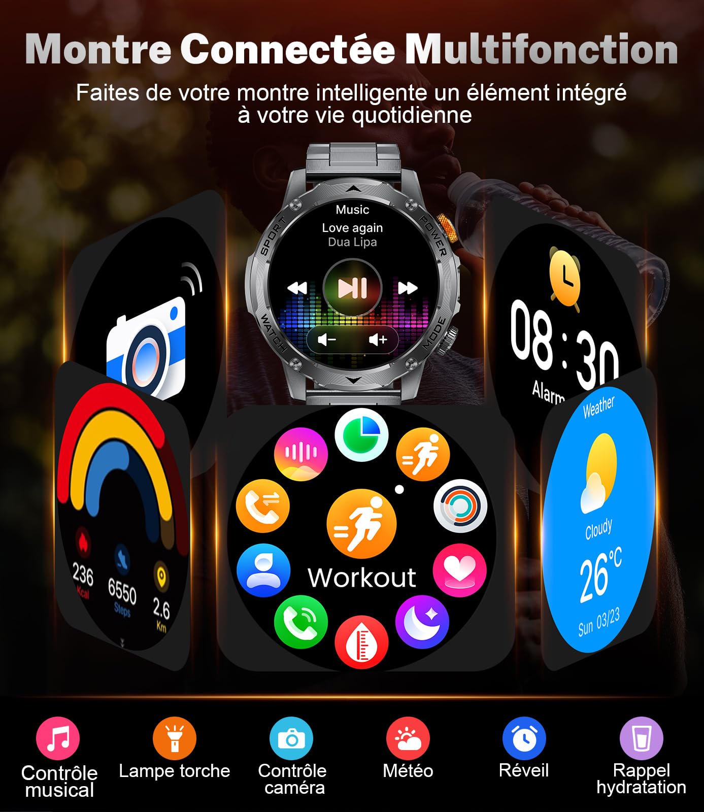 Reloj Inteligente Hombre,1000mAh,3 Correas,1.75" HD Smartwatch Hombre Militar con Llamadas LED Linterna 5ATM Impermeable 120+ Modos Deportivos Podómetro Pulsera Actividad Android iOS Negro