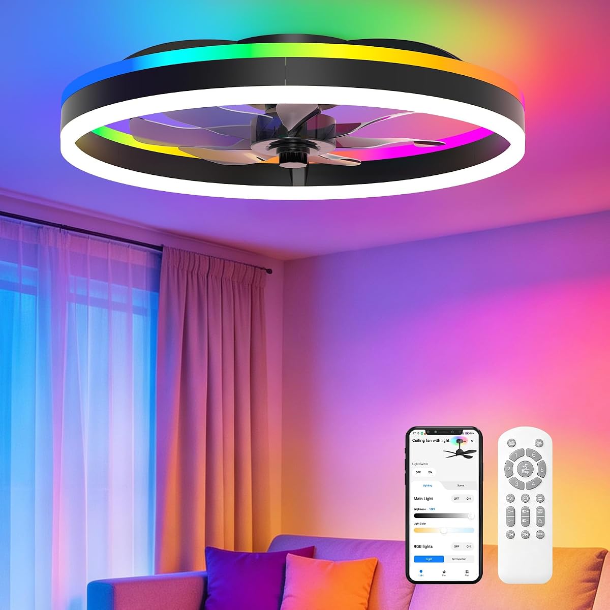 Ventiladores de techo RGB de 20 pulgadas con luces, lámpara de perfil bajo, negro | RGB+3000K-6500K LED regulable, reversible de 6 velocidades, montaje empotrado, aplicación/control remoto, ventilador de techo moderno sin aspas para dormitorio