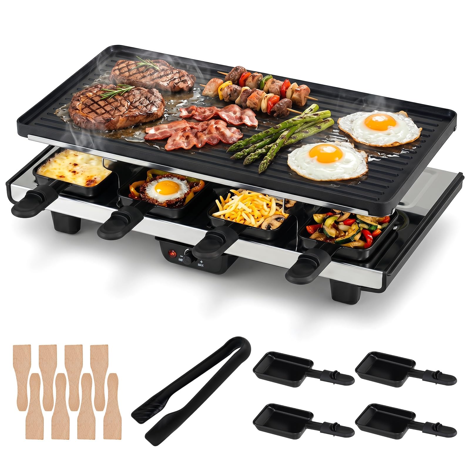 LIFEZEAL Appareil à Raclette et Grill 1400W, Grill de Table Électrique | Grill avec Thermostat Intégré, Plaque Antiadhésive Réversible, 8 Poêlons, 8 Spatules Bois&Pince, BBQ Fête Camping, 48x24x12cm