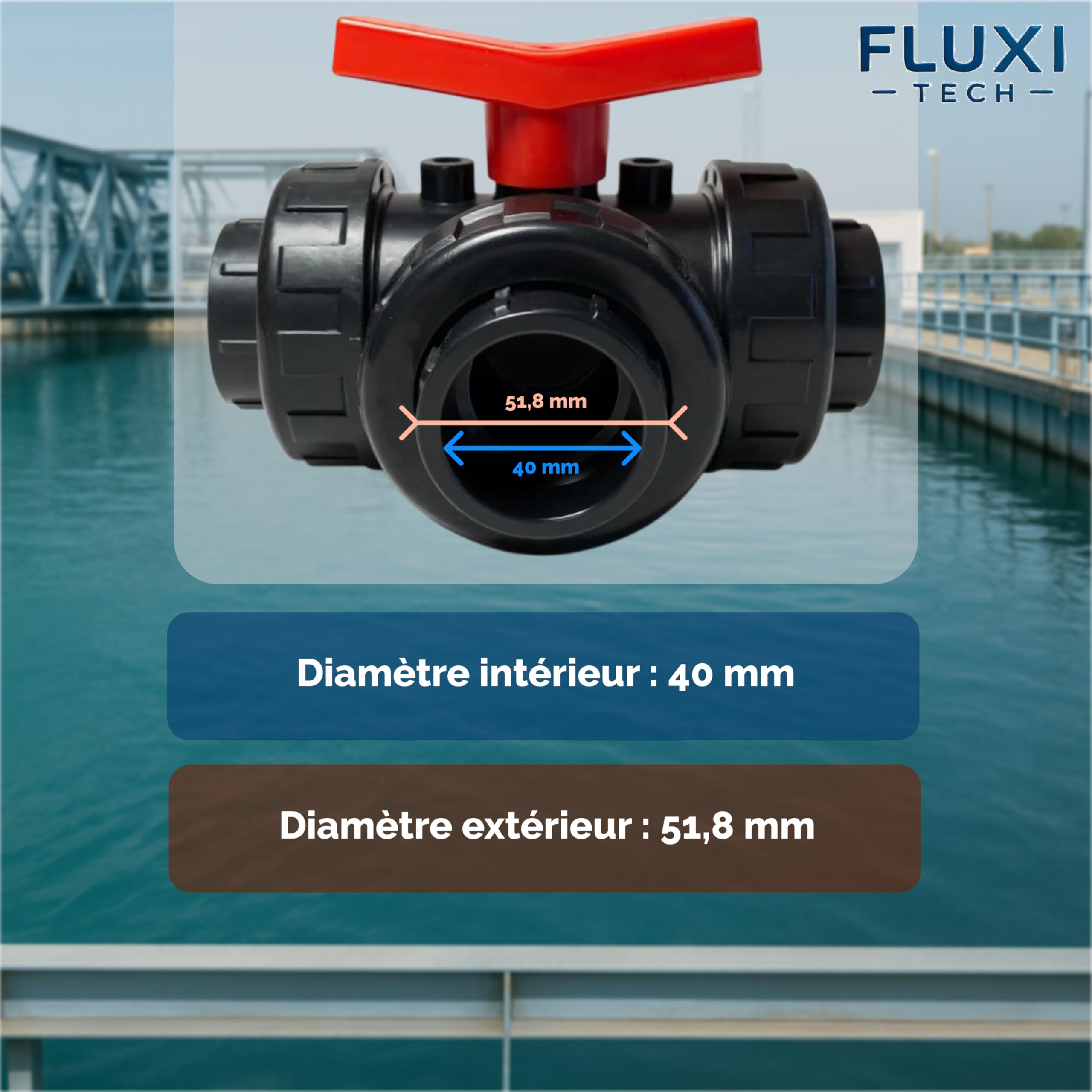 Vanne 3 voies PVC en T Ø40mm PN10 à coller, lot de 1