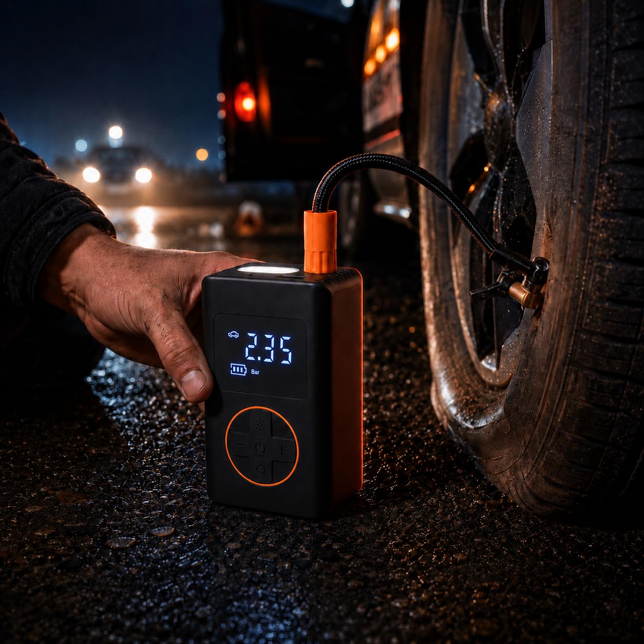 KOMBO - Tragbarer Kabelloser Luftkompressor 8V – Digitaler Autoreifenfüller 130 PSI mit Auto-Stopp, USB-C und 5 Adaptern, Wiederaufladbarer Mini-Kompressor