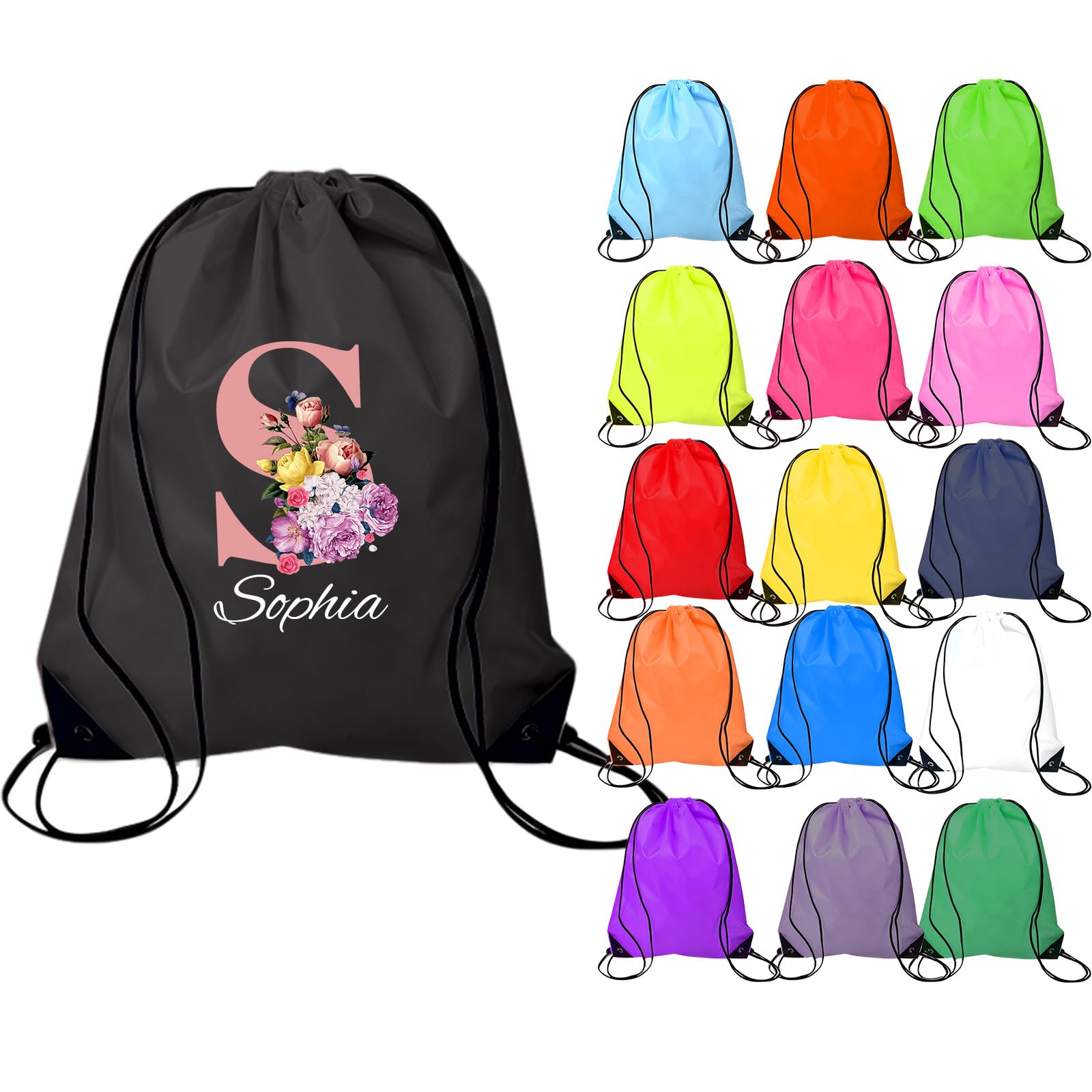 JPHCHSC Personalised Drawstring Bags for Kids & Adults With Image Logo Text Name- Swim, Gym, Sports & Travel (Pink Initial and Name, 1)