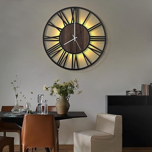 Miniatura 5 de LEIKE Reloj de pared LED grande, silencioso, sin tictac, funciona con pilas, rústico, redondo, moderno, reloj de pared de madera grande para sala de