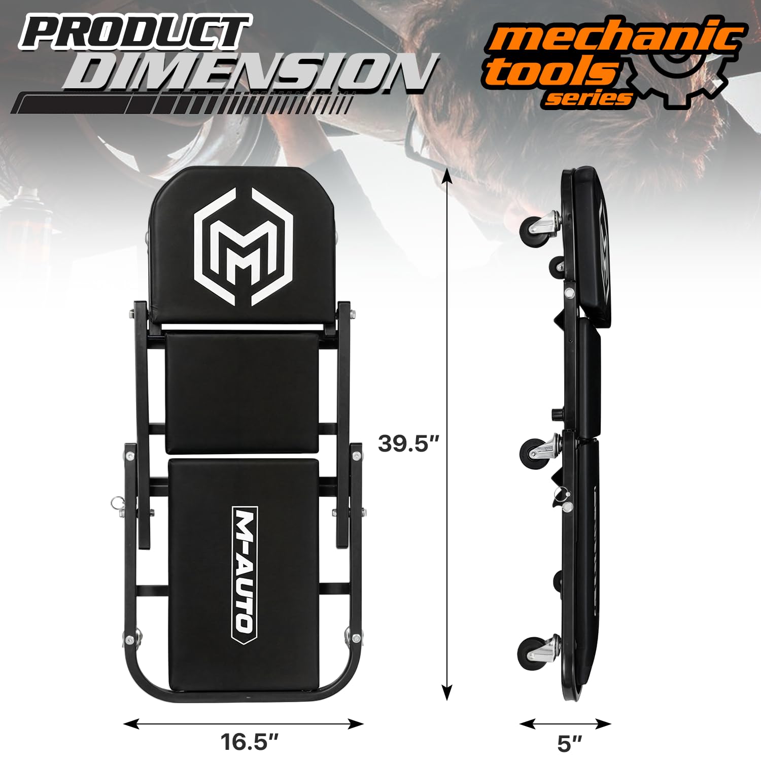 M-AUTO Asiento Plegable de 40 Pulgadas, Silla de Garaje Ajustable Todo en uno, tumbarse o Sentarse, Capacidad de 330 Libras Debajo del Auto con 6 Ruedas giratorias, Color Negro