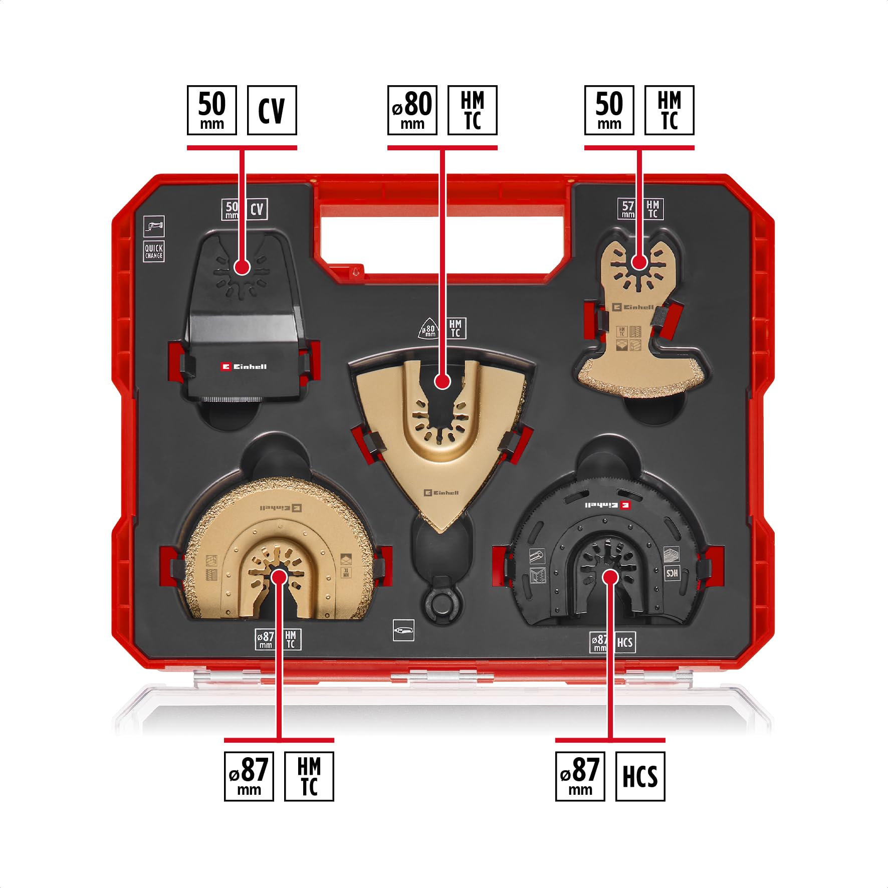 Originale Einhell Set multiutensile XL-PLUS-CASE 10 pz. (lama HCS/TCS semitonda, raspa delta TCS, segmento TCS, raschietto rigido, adattatore Dremel)