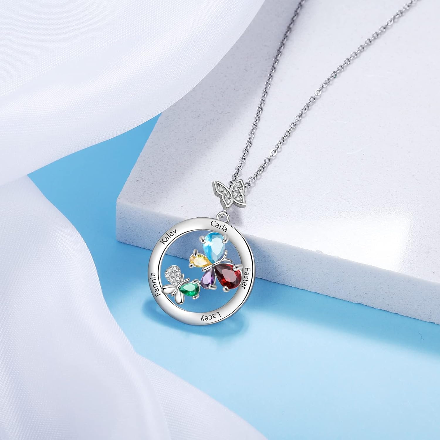 Personalized Mother Daughter Butterfly Necklace, Simulated Birthstone Necklace for Women, Engraved Names Promise Necklace for Her Family Jewelry Gifts