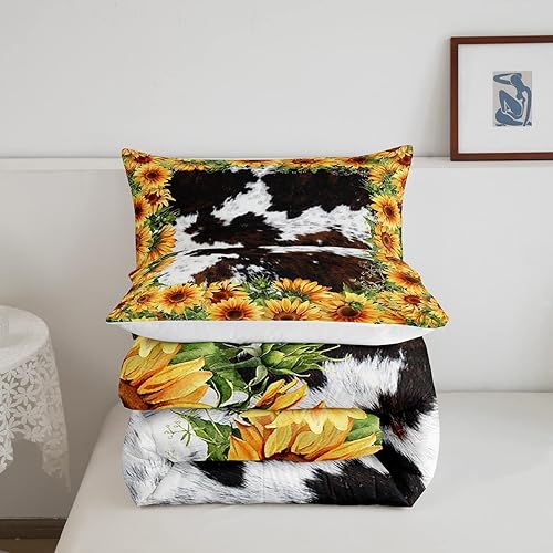 Miniatura 5 de Juego de edredón de girasol, tamaño individual, juego de ropa de cama con estampado de piel de vaca, 2 piezas para decoración de habitación de niños