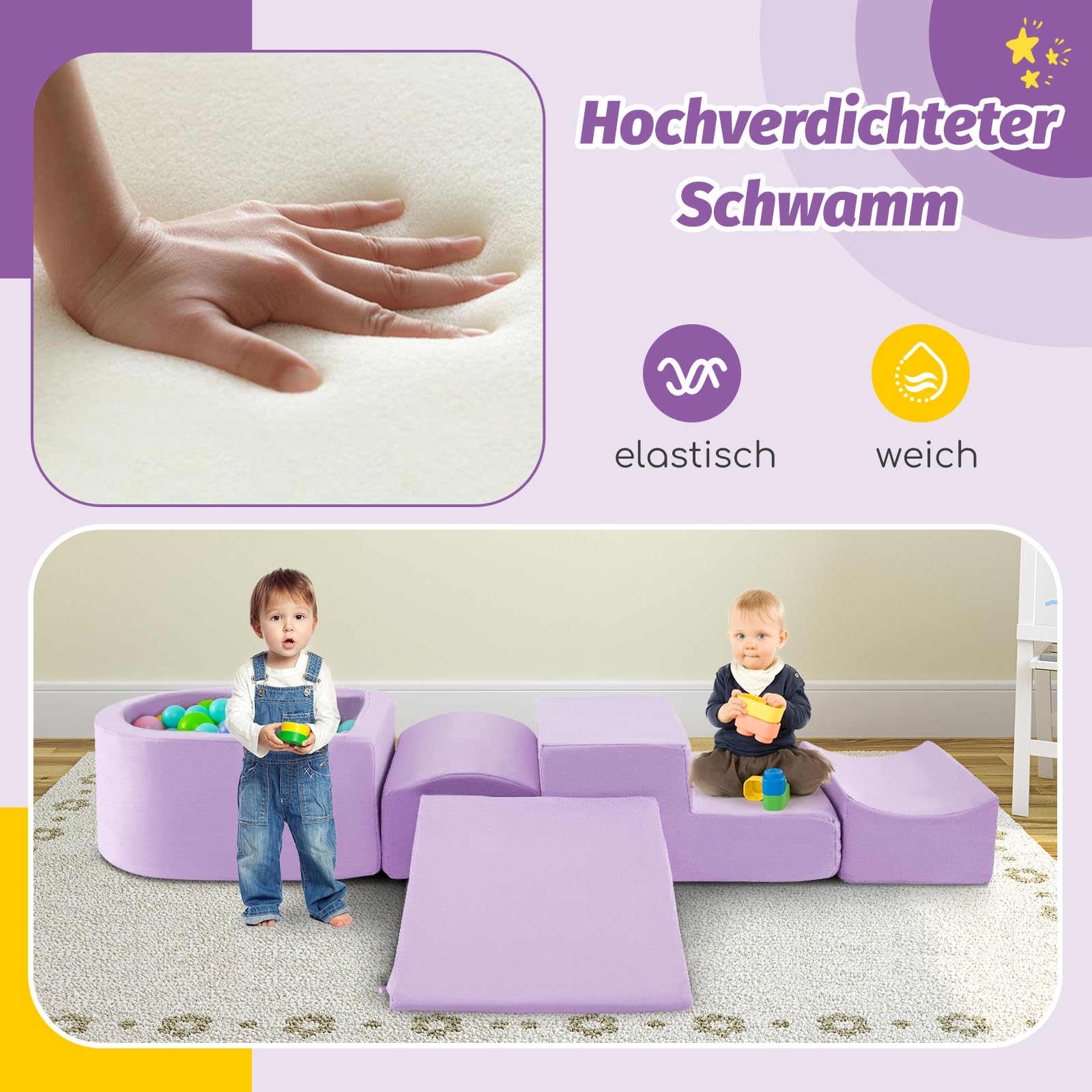 GOPLUS Schaumstoffbausteine mit Bällebad, 5-teiliges Softbausteine mit Wildlederbezug, Hochdichtes Schaumstoff, Weiche Riesenbausteine für Kleinkinder zum Klettern, Ohne Bällebad (Lila)