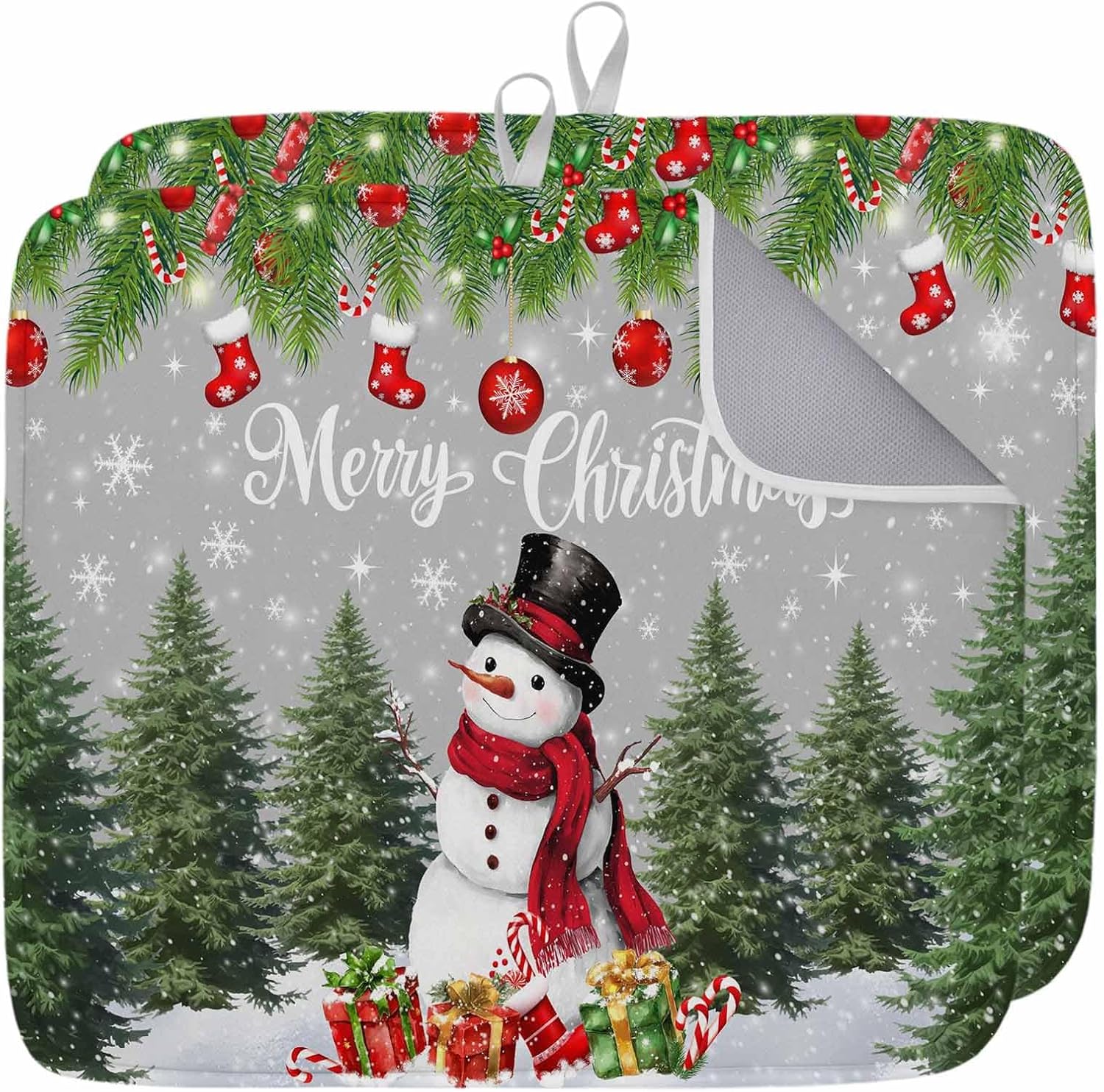 Dish Drying Mat 16 x 18 Inch, Grey Snowman Christmas Absorbent Microfiber Coffee Mats for Kitchen Xmas Tree Pine Cone Snowflake Quick Drying Dish Drainer Pad 2 Pack