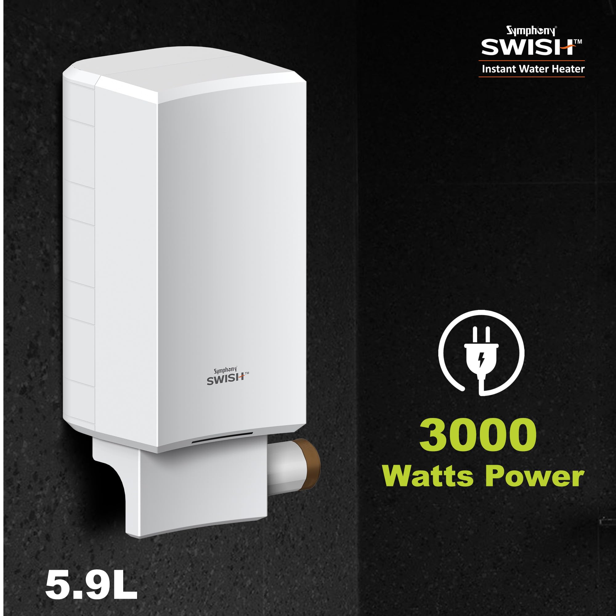 Symphony Swish 5.9L Instant Water Heater | 3KW Heating |With 9 Layer PUROPOD Water Filter | Hair Fall Control Geyser | High Rise Compatible| Copper Heating Element| | Free Installation