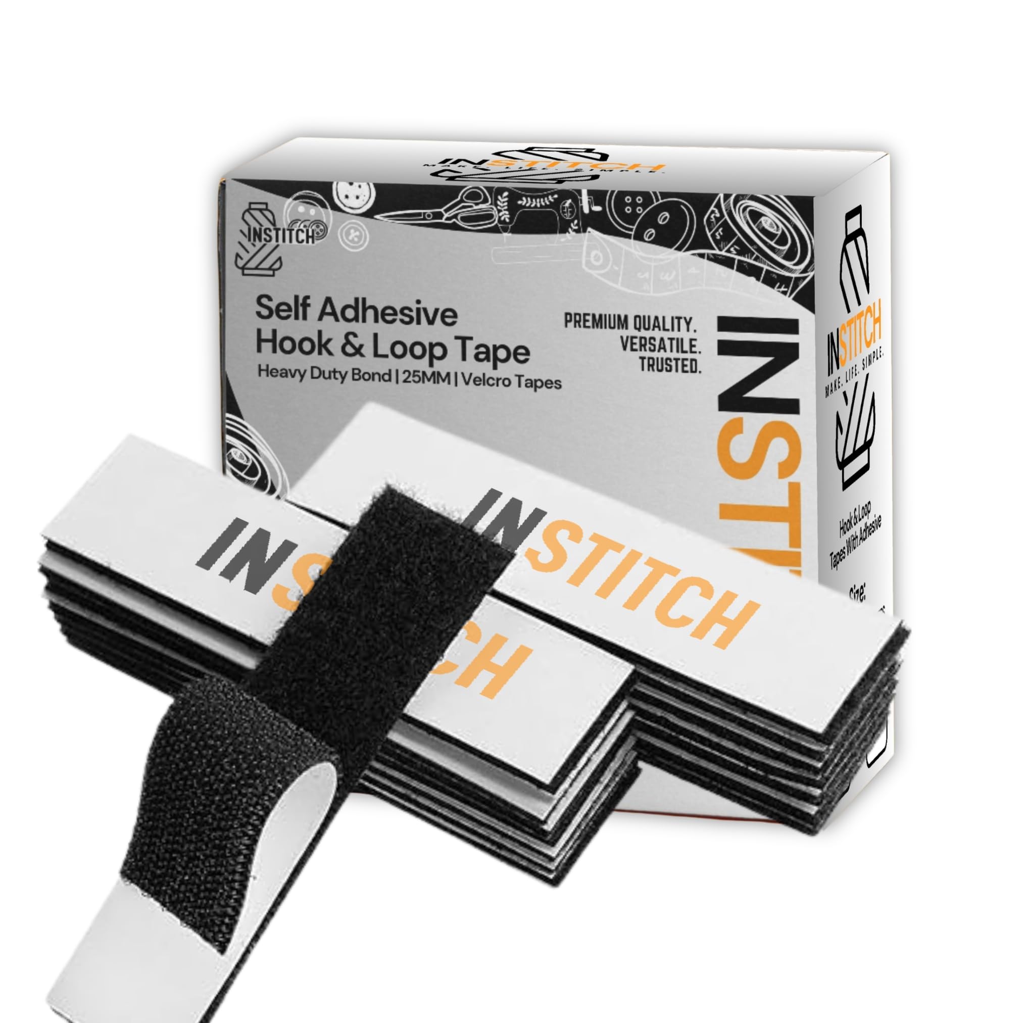 INSTITCH Self Adhesive Hook & Loop Tape - 1 Inch x 4 Inch - Heavy Gumming On Back, Hook & Loop Strips, Nylon Self Adhesive Hook and Loop Tape - Perfect for Home and Office Use (Black) (60)