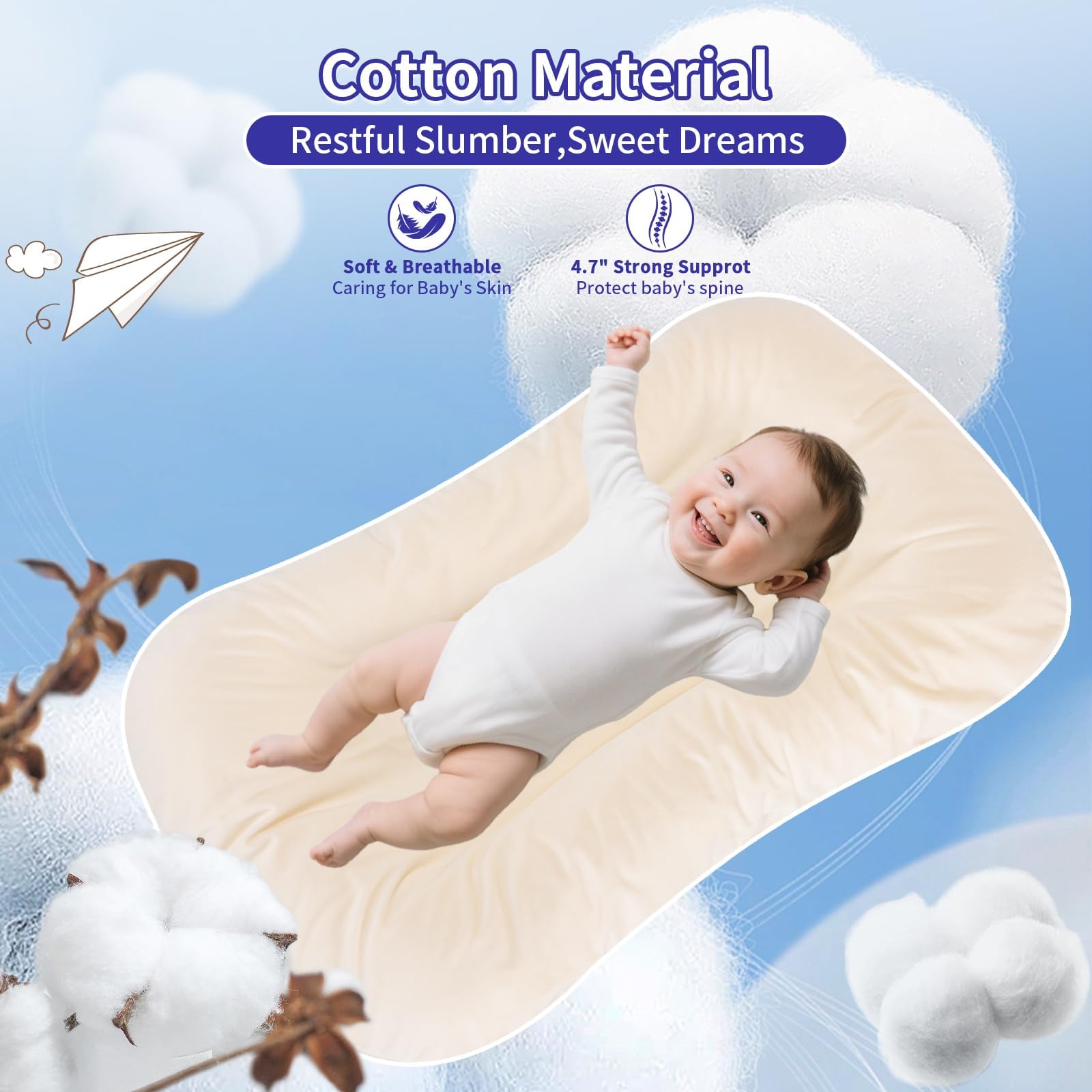 Tumbona para bebé de 0 a 24 meses, 100 % algodón, almohada para recién nacido, color blanco