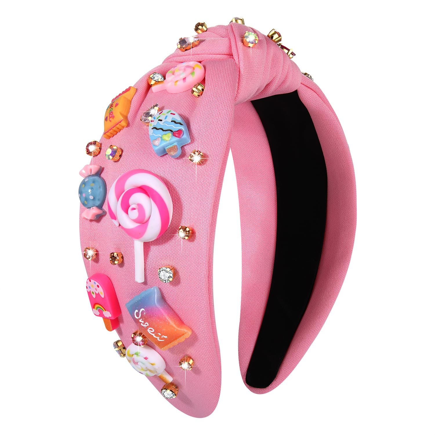 Knotted Headband for Women Lollipop Candy Charms Crystal Jeweled Embellished Top Knot Hairband Statement Wide Turban Hair Hoop Funny Gifts for