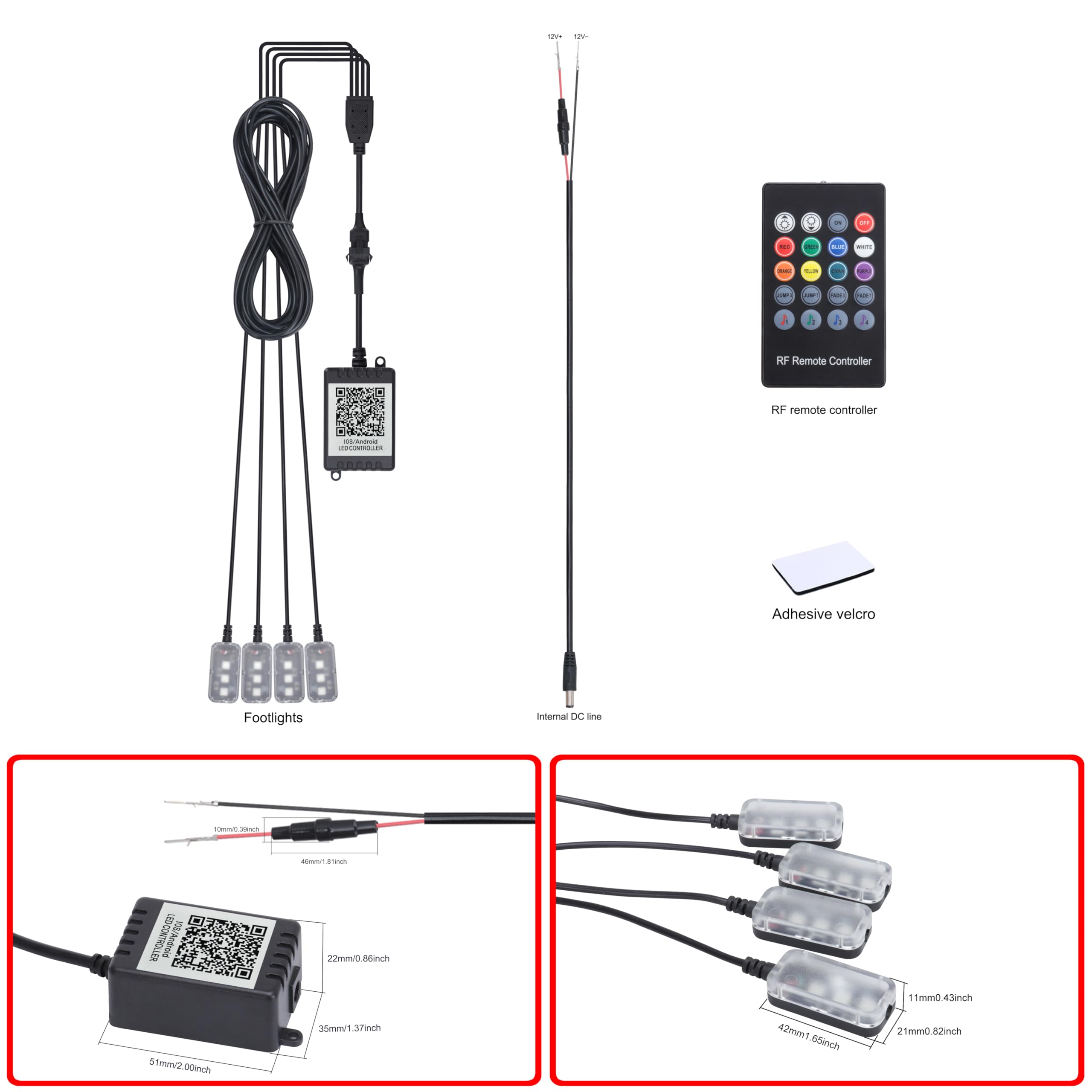 QAUBEN RGB Car Footwell Ambient Lighting Kit 16.7 Millions Colors Sound Active Music Sync APP Control + RF Remote Controller DC Line Car Interior Multicolored Footwell Atmosphere Light DC 12V