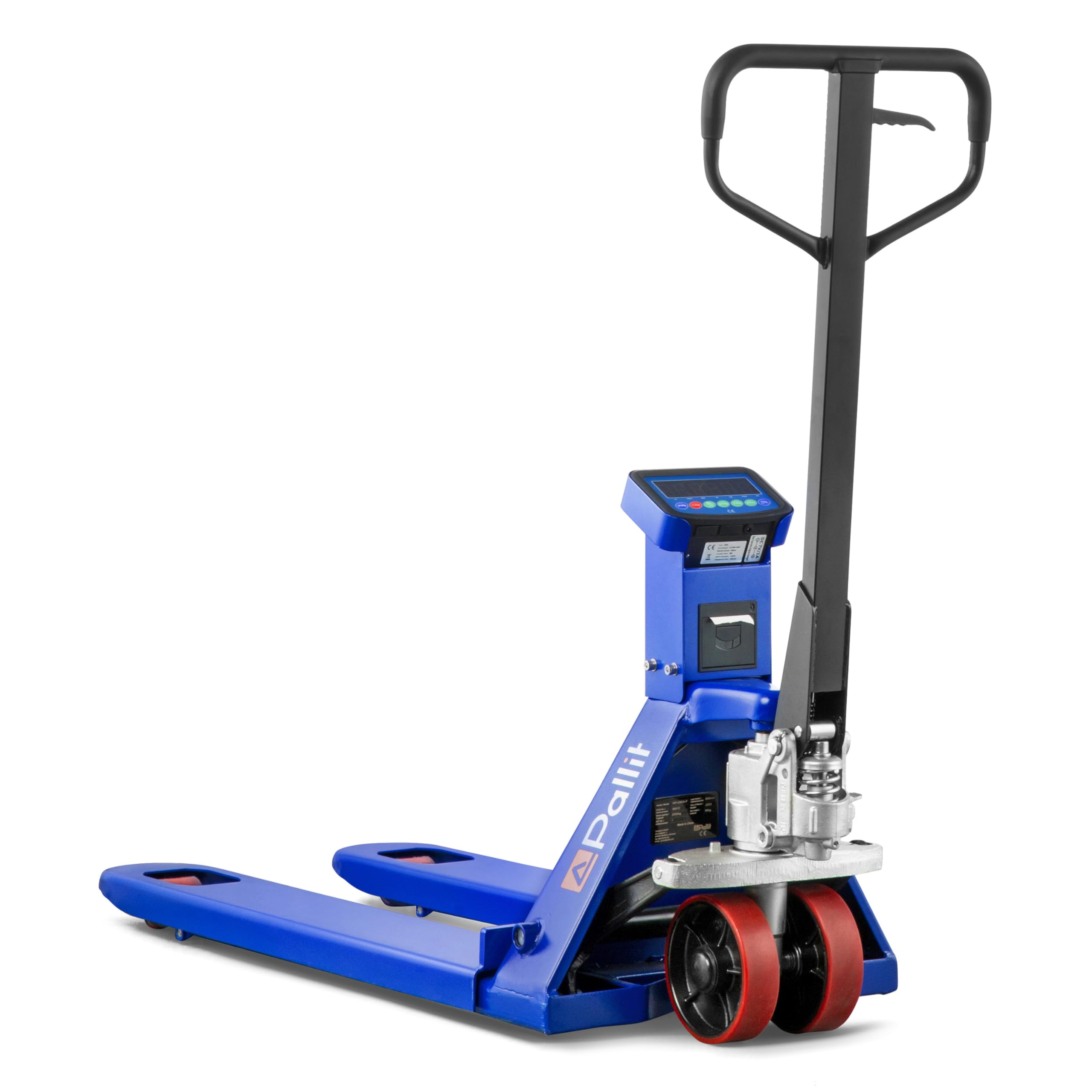 Transpaleta Profesional con báscula e Impresora 0,5 kg Pasos 2500 kg 2,0t para Europalet (1150 mm) | Solución 3 en 1 integrada con pesaje digital de 0,5 kg, impresora térmica y horquillas de 1150 mm para palés europeos
