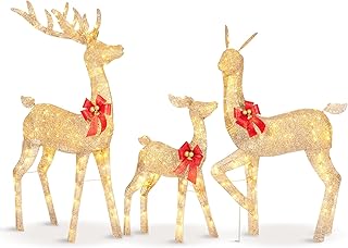 LOENIY 3-Pieces Lighted Reindeer Christmas Decoration with 360 Warm White LED Lights, 3D Glittered Family Set Reindeer Outdoor Decorations, Plug in Christmas Deer for Lawn Yard Patio Garden (Gold)