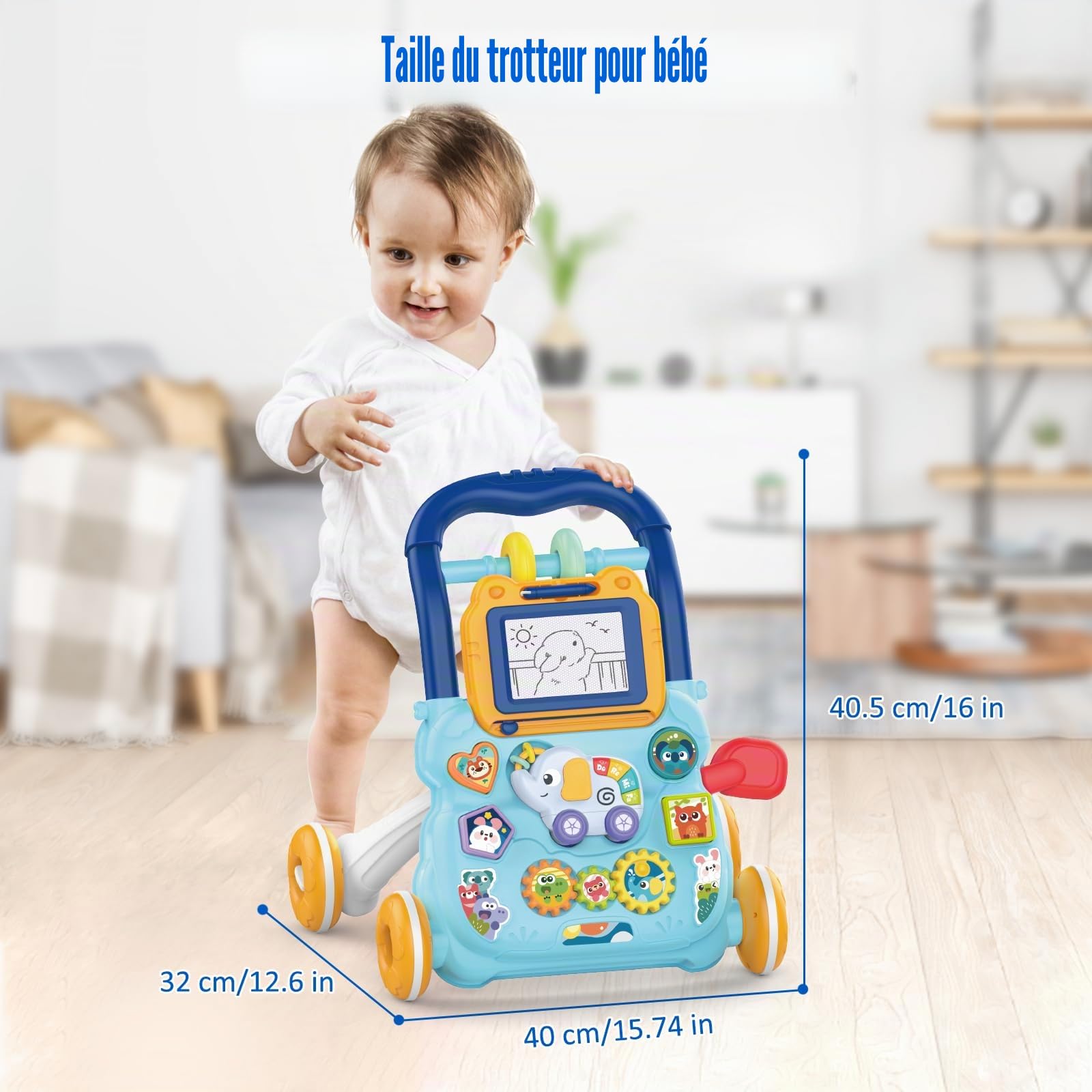 Marcheur D'apprentissage Assis-Debout, Jouet 2 En 1 Pousser pour Bébé avec Musique et Tableau de Dessin, Centre D'activités Éducatives Multifonctionnel pour Enfants Filles Garçons 12M+ (Bleu)