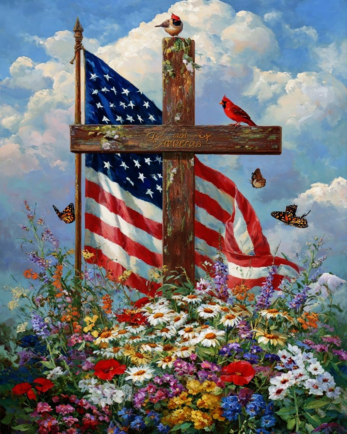 Liubaishi Multicolour Paint By Numbers For Adults, Diy Acrylic Painting Kit, American Flag Cross Garden Theme, 16X20 Inch Linen Canvas