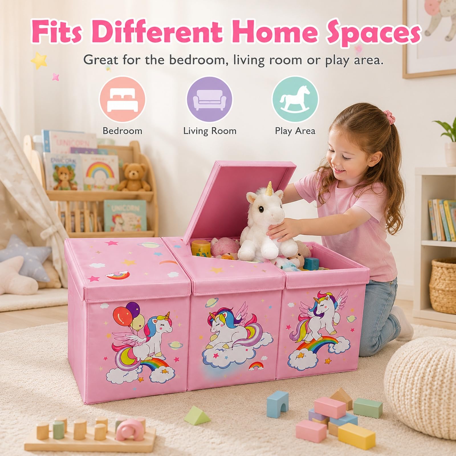 GOOGO Contenitore per giocattoli con coperchio, grande scatola pieghevole per cameretta, box porta giochi per libri, peluche e vestiti, 98 x 34 x 40 cm (rosa)