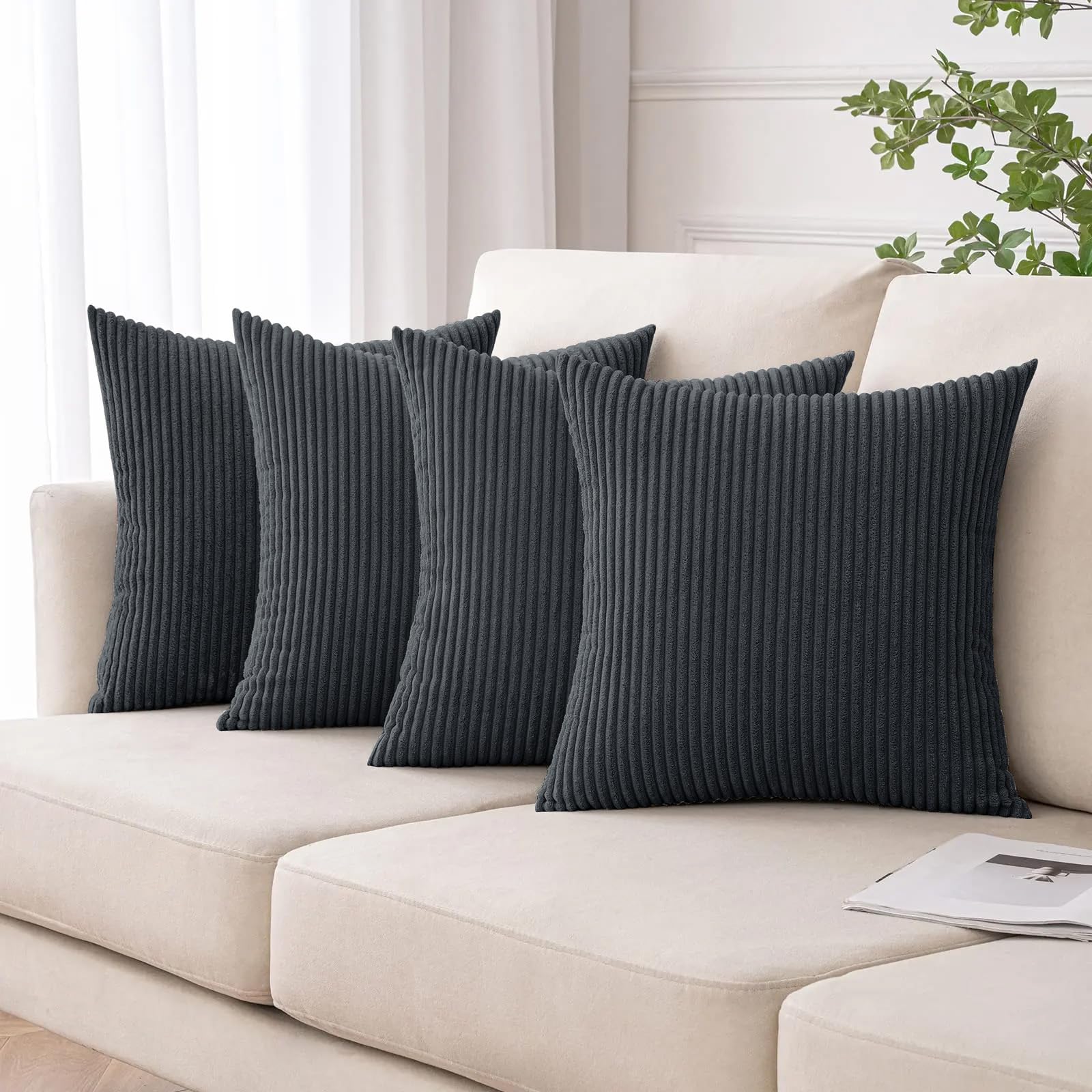 Moonlight Bedding Grey Corduroy Cushions With Covers Included 45 X 45 Cm Pack Of 4 (4 Covers 4 Inserts) Stripe Throw Pillow Cases With Invisible Zipper For Home Décor 18 X 18 Inches