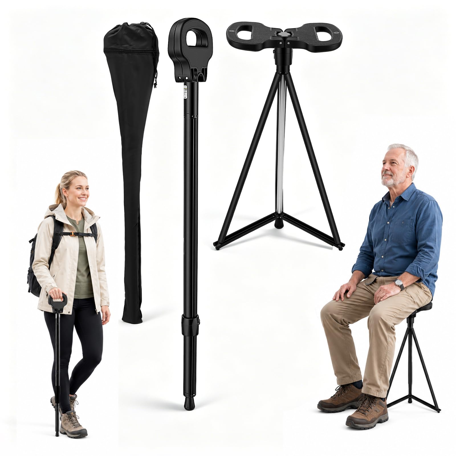 Canne de marche avec siège, canne pliante pour seniors, idéale pour les activités de plein air et les voyage, Canne de marche pliante avec siège, 150 kg, avec sac de transport, canne de marche pliante