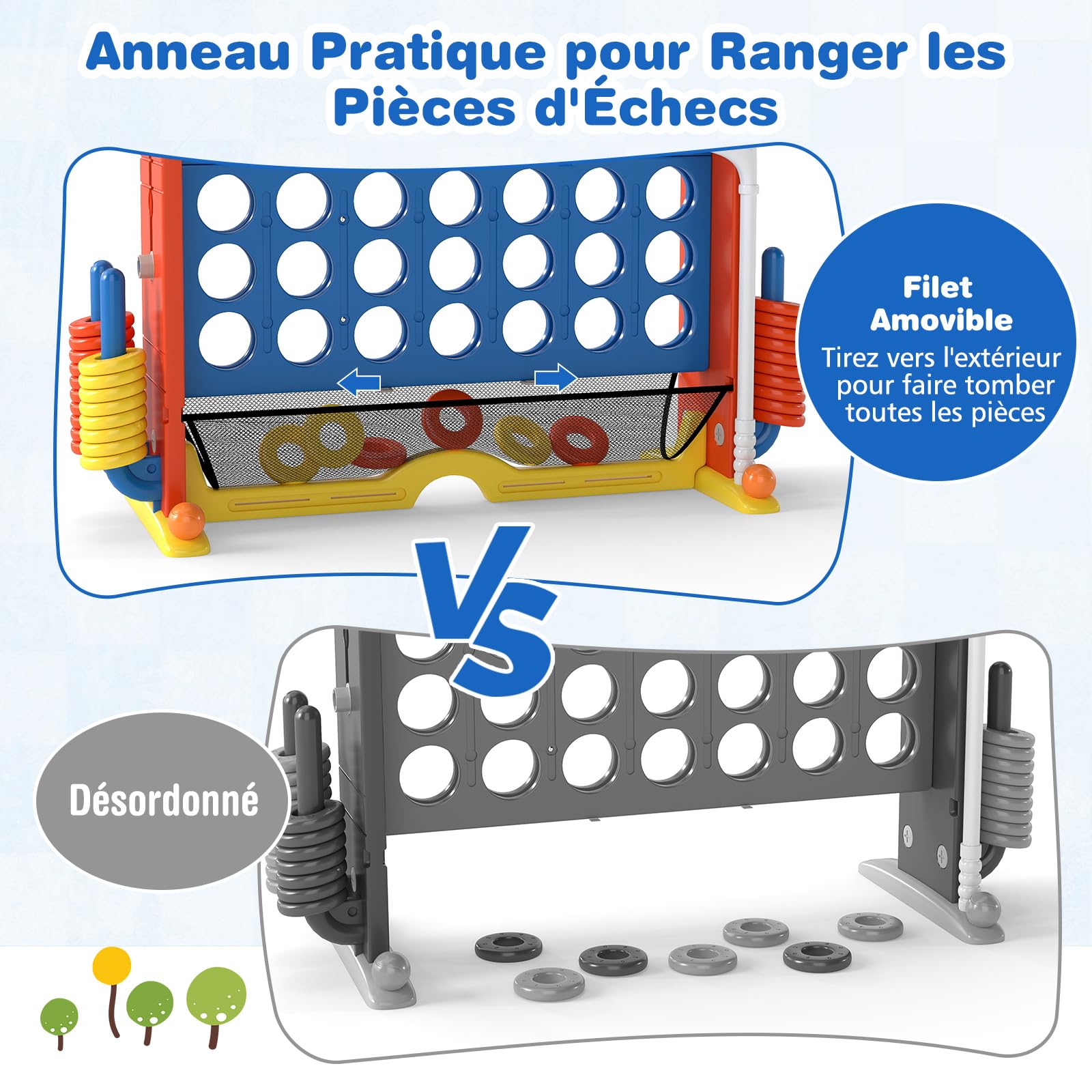 COSTWAY 4 en 1 Jeux Puissance 4 Géant avec 42 Anneaux et Filet, Jeu de Société avec Panier de Basket et Lancer d’Anneaux, Hauteur Réglable, Golf, Porte-gobelets et Sac, Intérieur Extérieur