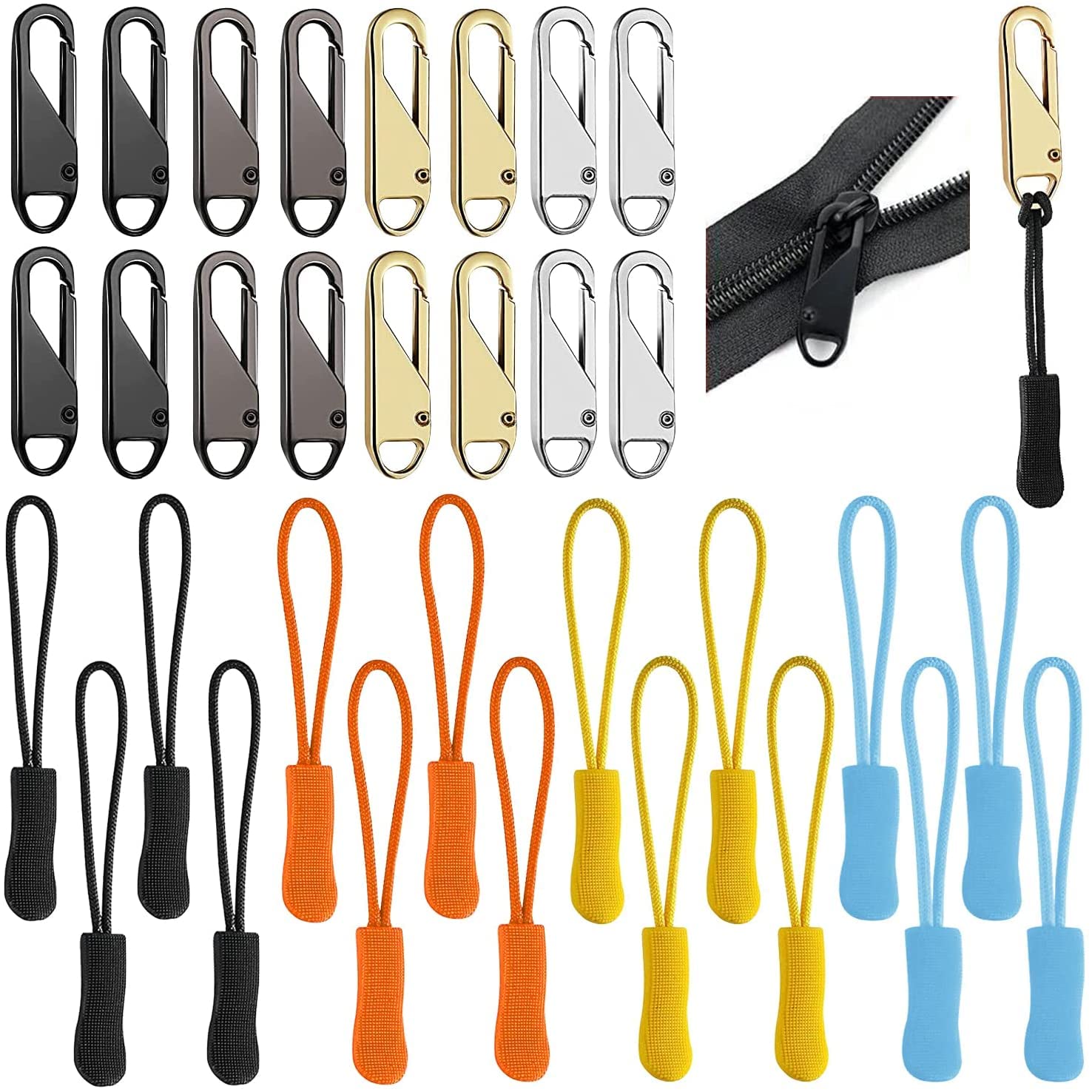 Zipper Pull Replacement, Detachable Zipper Pull Tabs, Nylon Zipper Cord Pulls for Luggage Backpacks Purses Handbags Jacket Coat Boots, 16 Pcs Zipper Replacement and 16 Pcs Zipper Pull Cord Extender