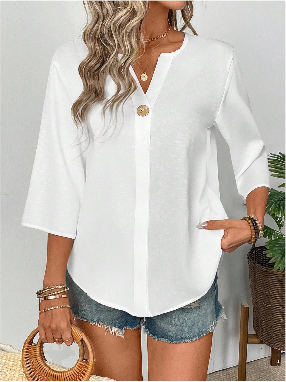 Floerns Women's Casual 3/4 Length Sleeve Blouse Top Notched Neck Loose Work Shirts - Image 4