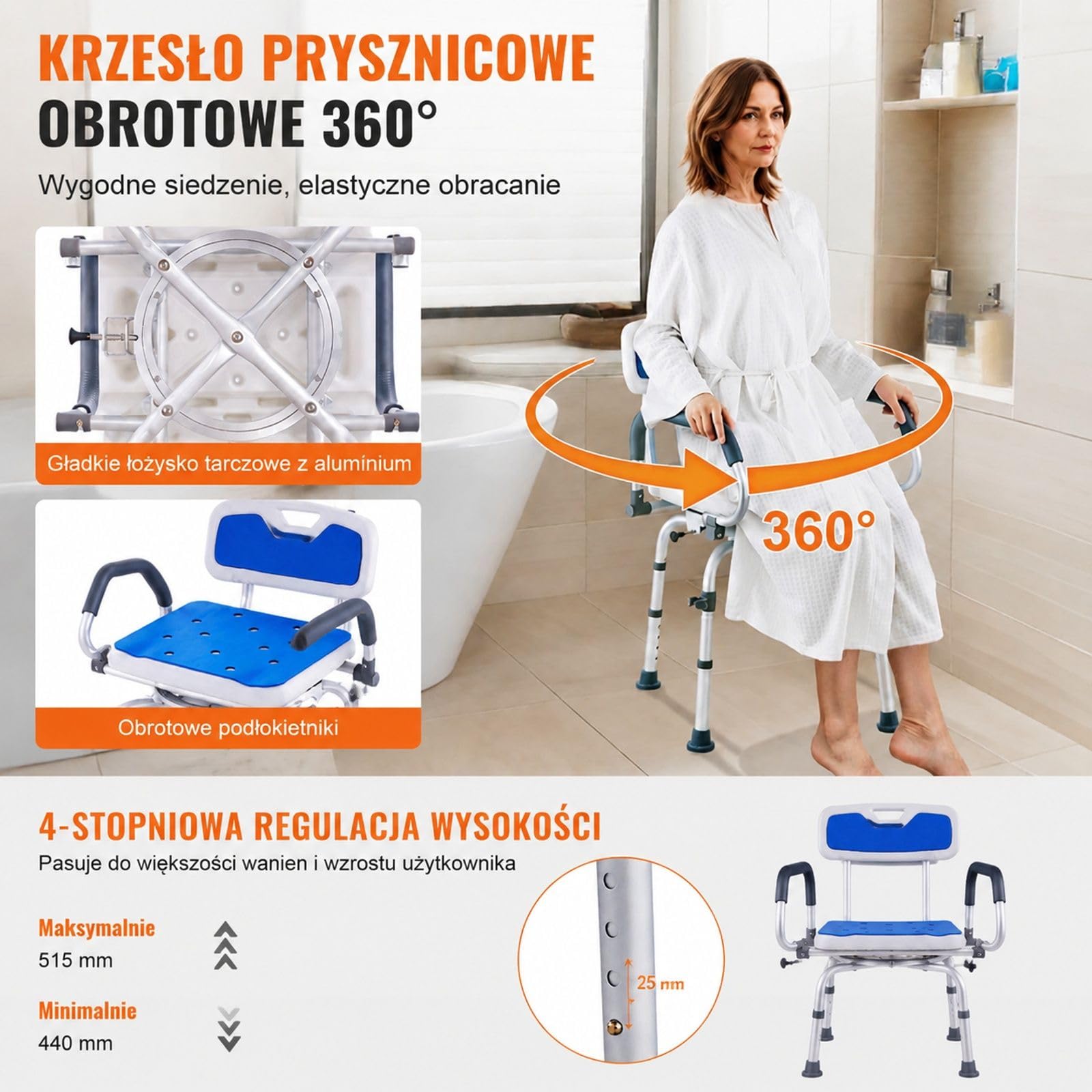Obrotowy fotel prysznicowy z regulacją 360 stopni i obrotowymi podłokietnikami do pryszniców wewnętrznych i wanien, antypoślizgowy obrotowy fotel prysznicowy do wanny dla osób starszych