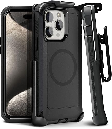 MOTIVE Funda para iPhone 15 Promax con clip para cinturón, funda magnética compatible con Magsafe, resistente, grado militar de cuatro capas, a