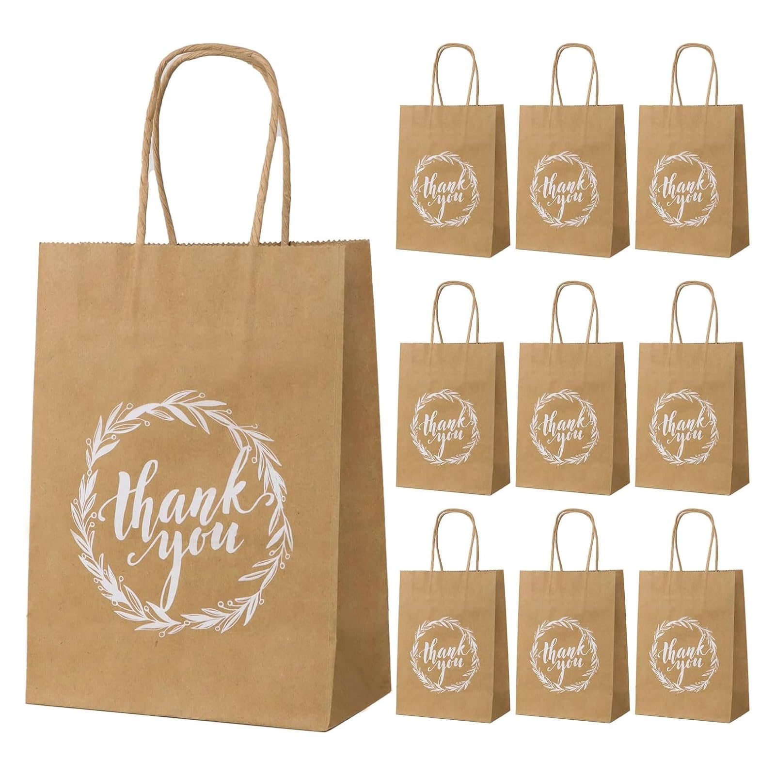 10pcs Small Thank You Gift Bags Kraft Brown Paper Party Bags with Handle Rustic Vintage Return Bags for Wedding Guests Baby Shower Birthday Teacher, 15X8X21cm