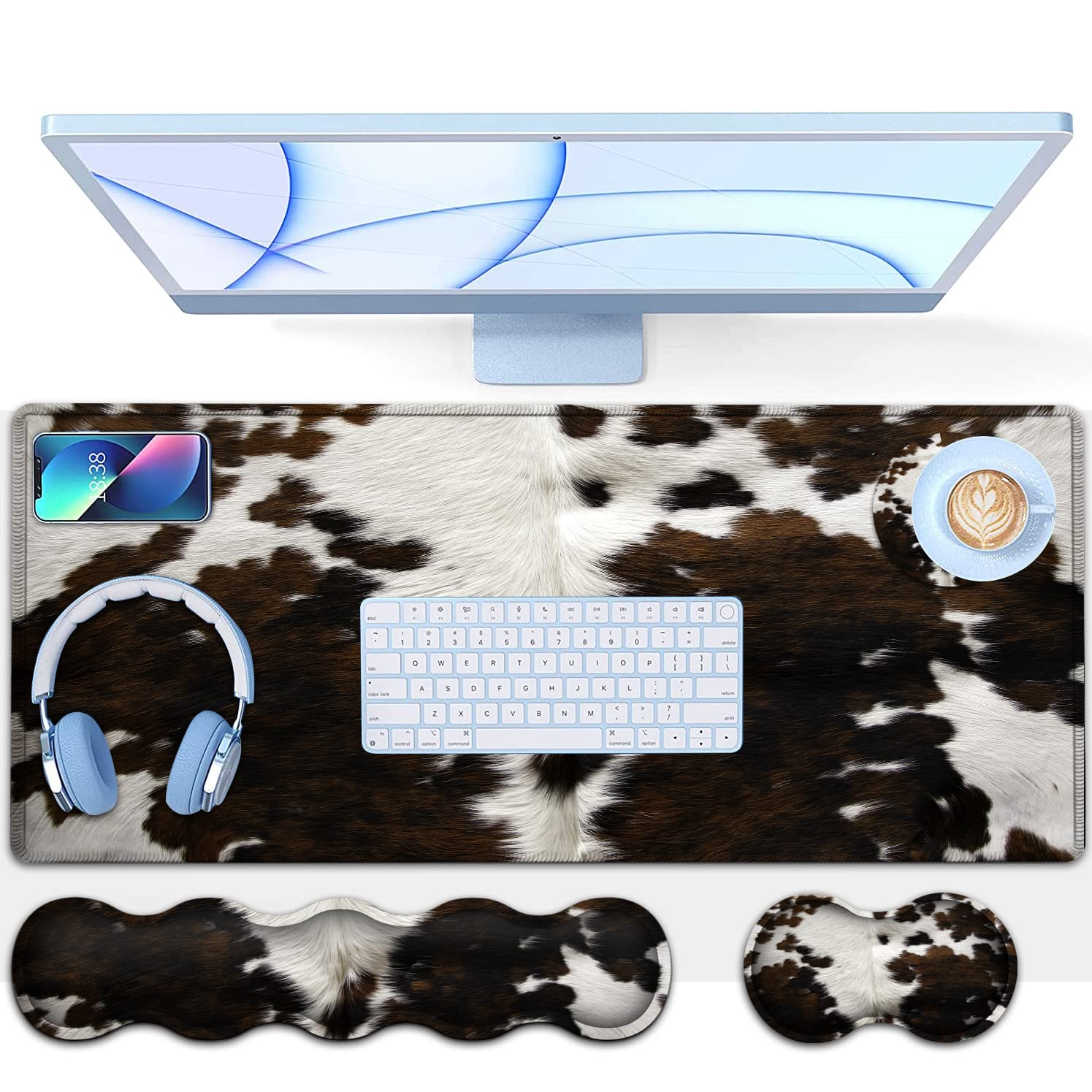 Almohadilla de escritorio, juego de alfombrilla de mouse para teclado, alfombrilla de mouse extendida para juegos + soporte ergonómico de espuma viscoelástica para reposamuñecas, alfombrilla de mouse