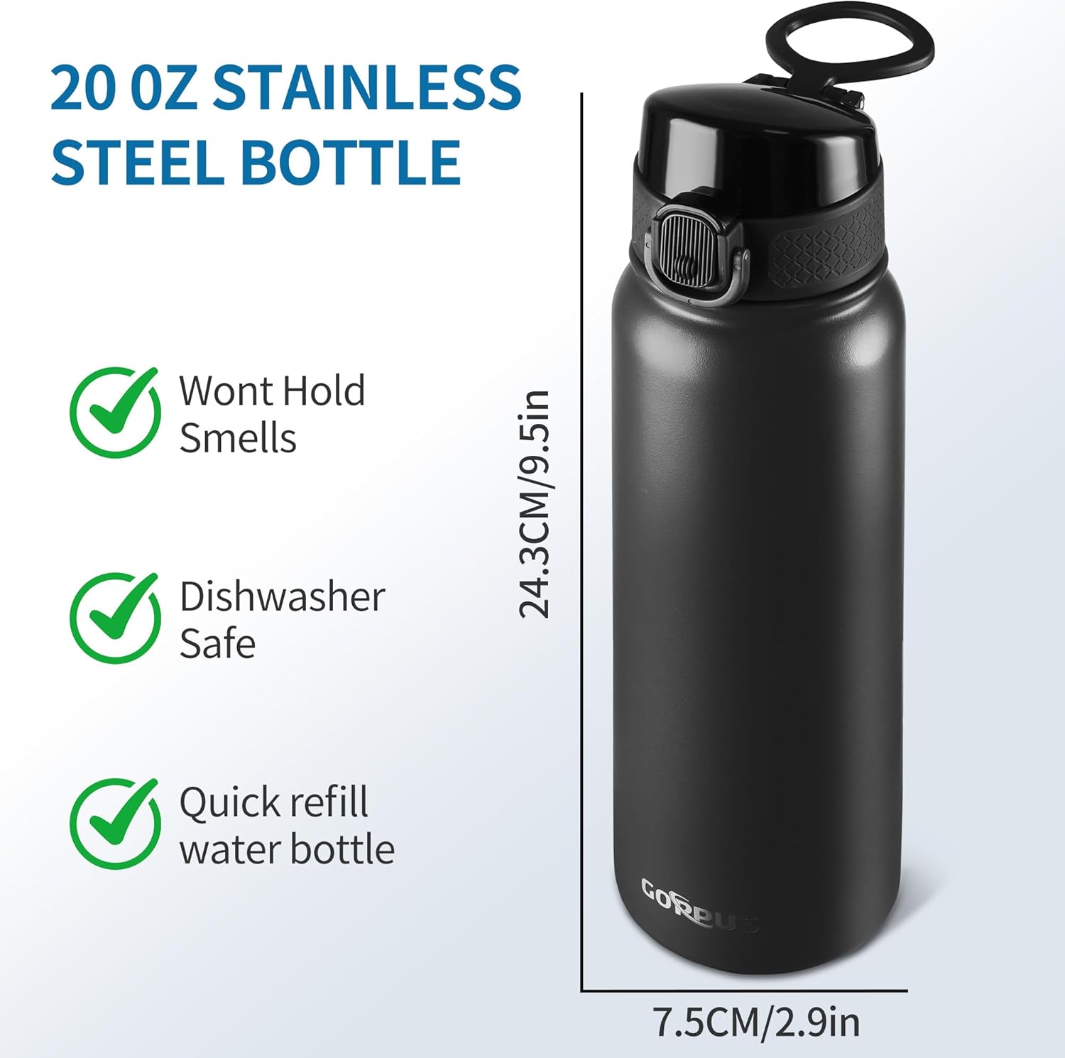 GOPPUS Insulated Water Bottle 20oz Stainless Steel BPA-Free Sports Bottle Ideal for School and Travel Silicone Spout Lid Prevents Leaks, Sweat, and Dust (Black) - Image 6