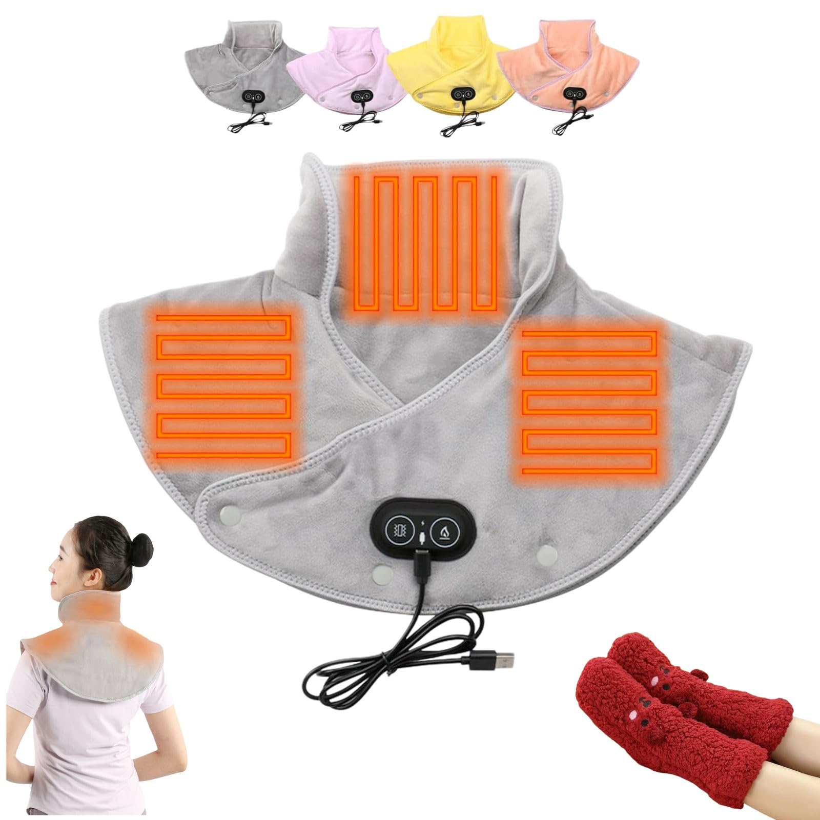 Almohadilla térmica para Cuello y Hombros, eléctrica, con 3 Opciones de Calor y ajustes de Masaje (Gris)