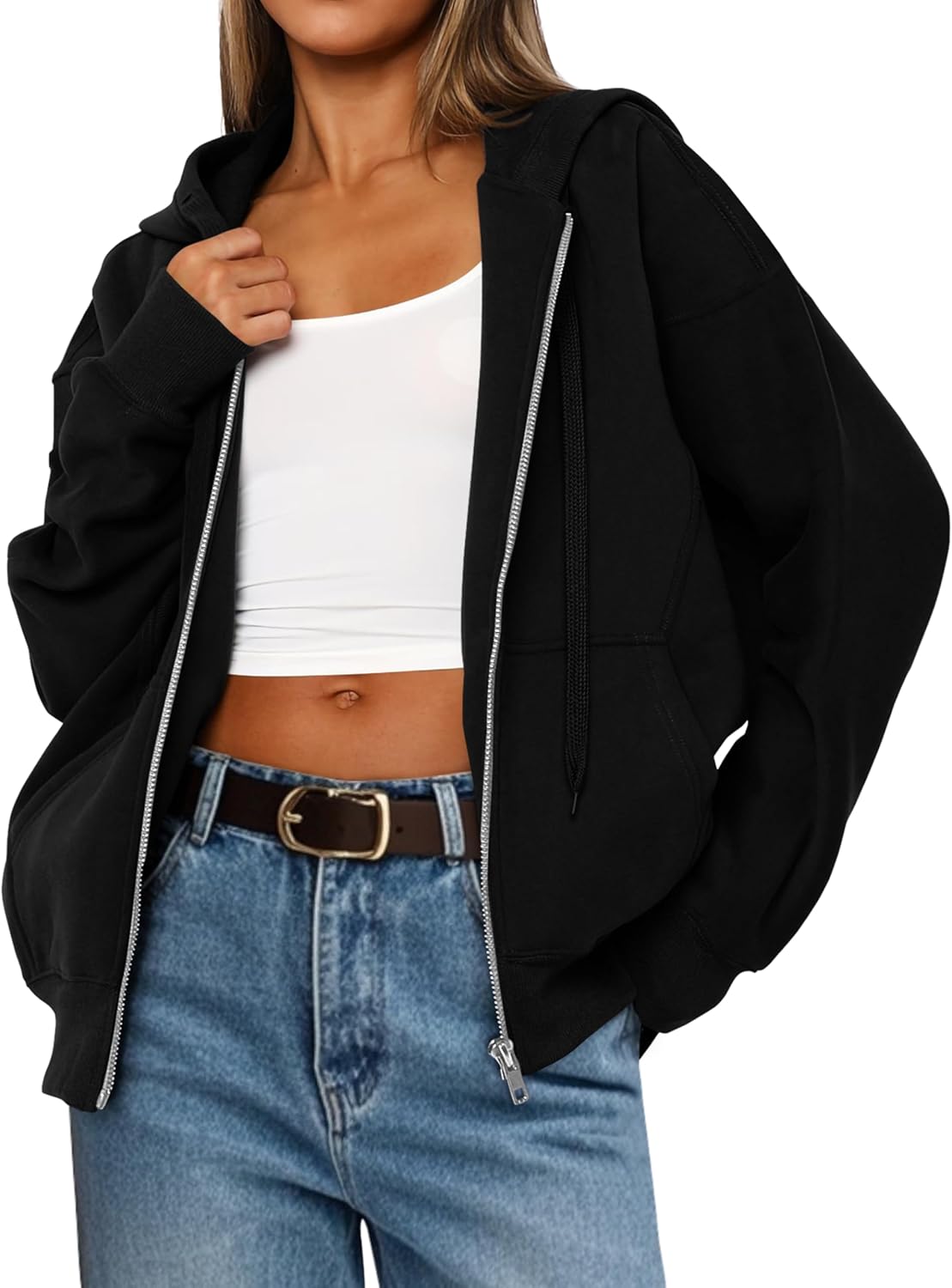 MASCOMODA Women Zip Up Hoodie Trendy Oversized Sweatshirt Casual Long Sleeve Fleece Jacket Fall Outfits Fashion Clothing(Black,Large)