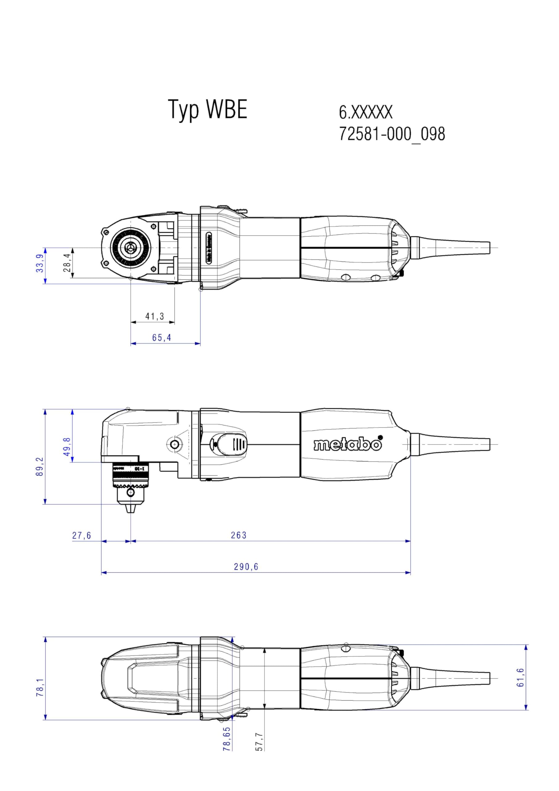 metabo Winkelbohrmaschine WBE 700, 700 W, 10 mm Bohrfutter, 2.600 U/min | Kompaktbohrer für enge Stellen , Vario-Constamatic Elektronik , Aluminiumgehäuse , inkl. Zahnkranzbohrfutter & Handgriff