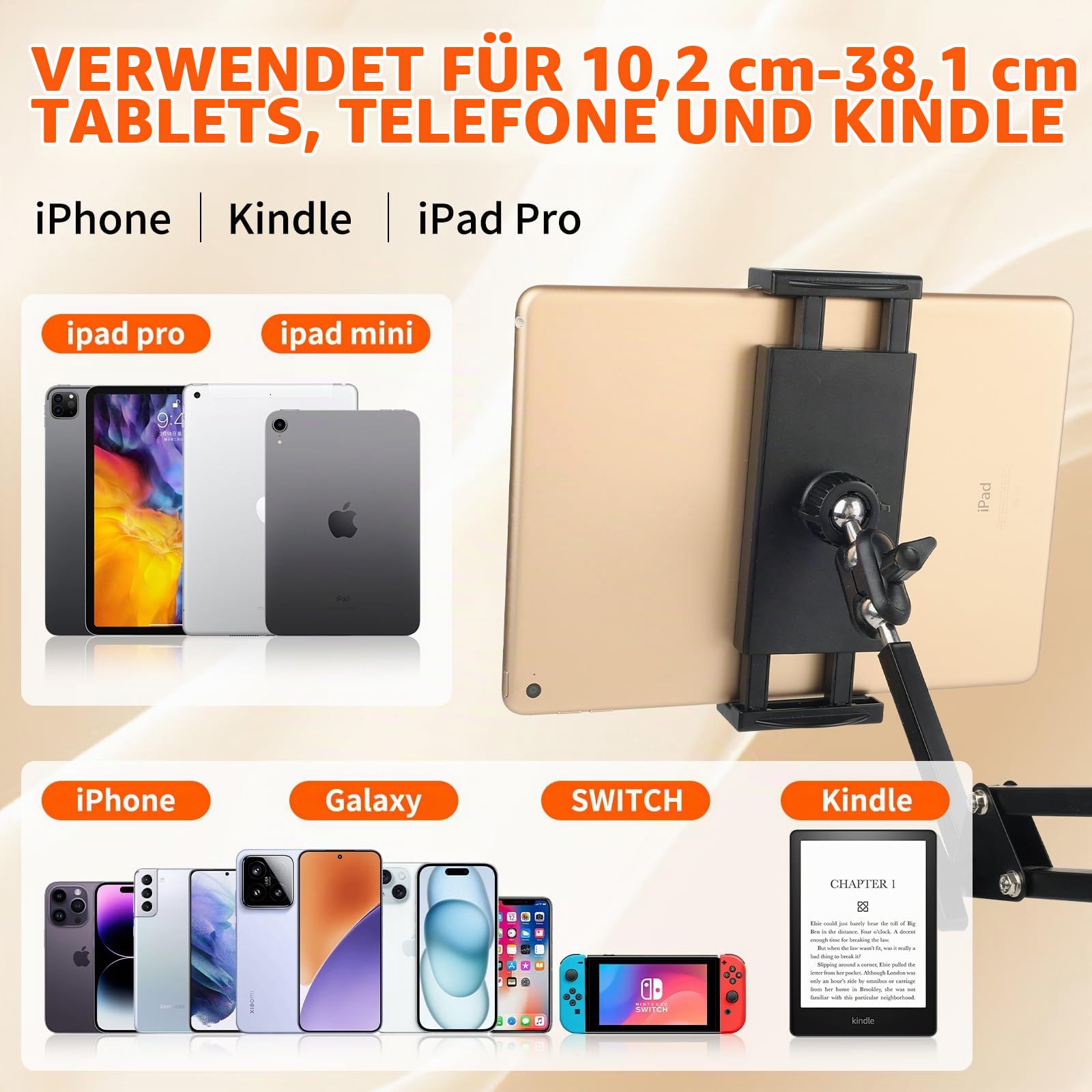 Hand Frei Tabletstablet Halterung für Bett mit Verstellbar Langen Arm - Faltbar Metall Ständer für Kindle, Tablets, iPad und Handy, Verstecktes Design, Keine Schäden an Möbeln (NB-35D)